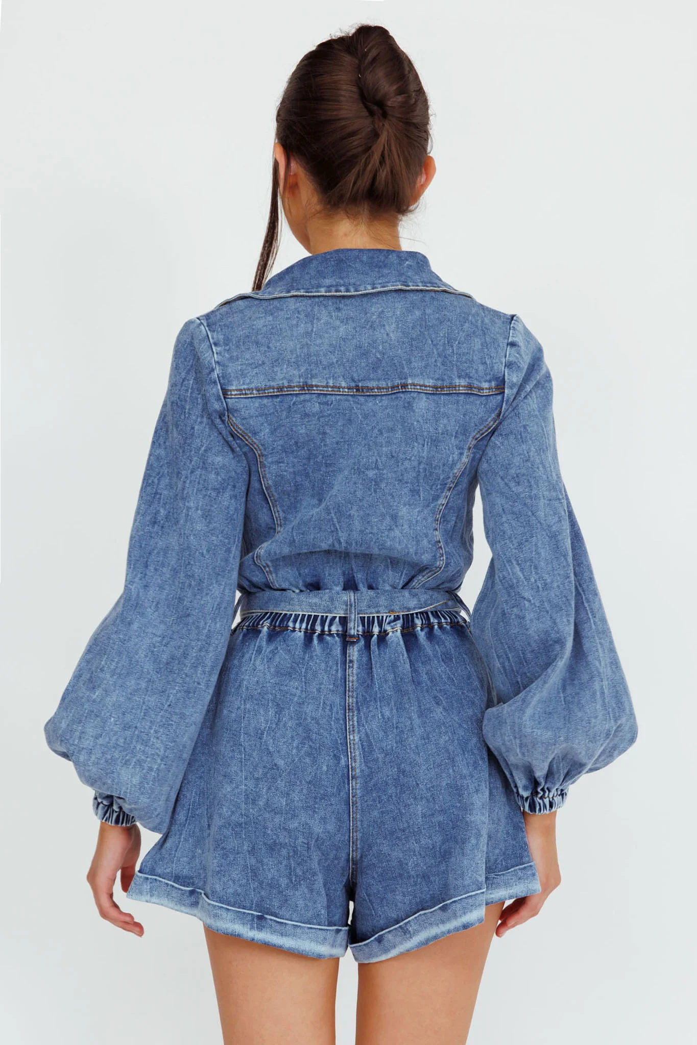 New Day Long Sleeve Button-Up Romper Denim - Sonourner