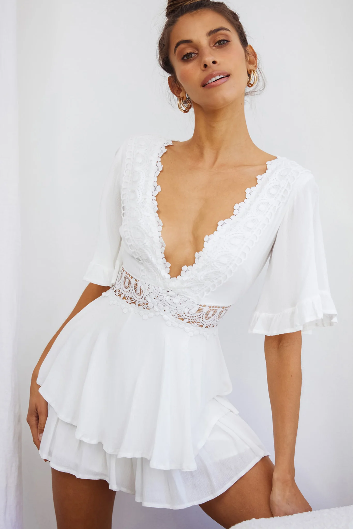 Lillian Crochet Lace Trim Flounce Hem Romper White - Sonourner