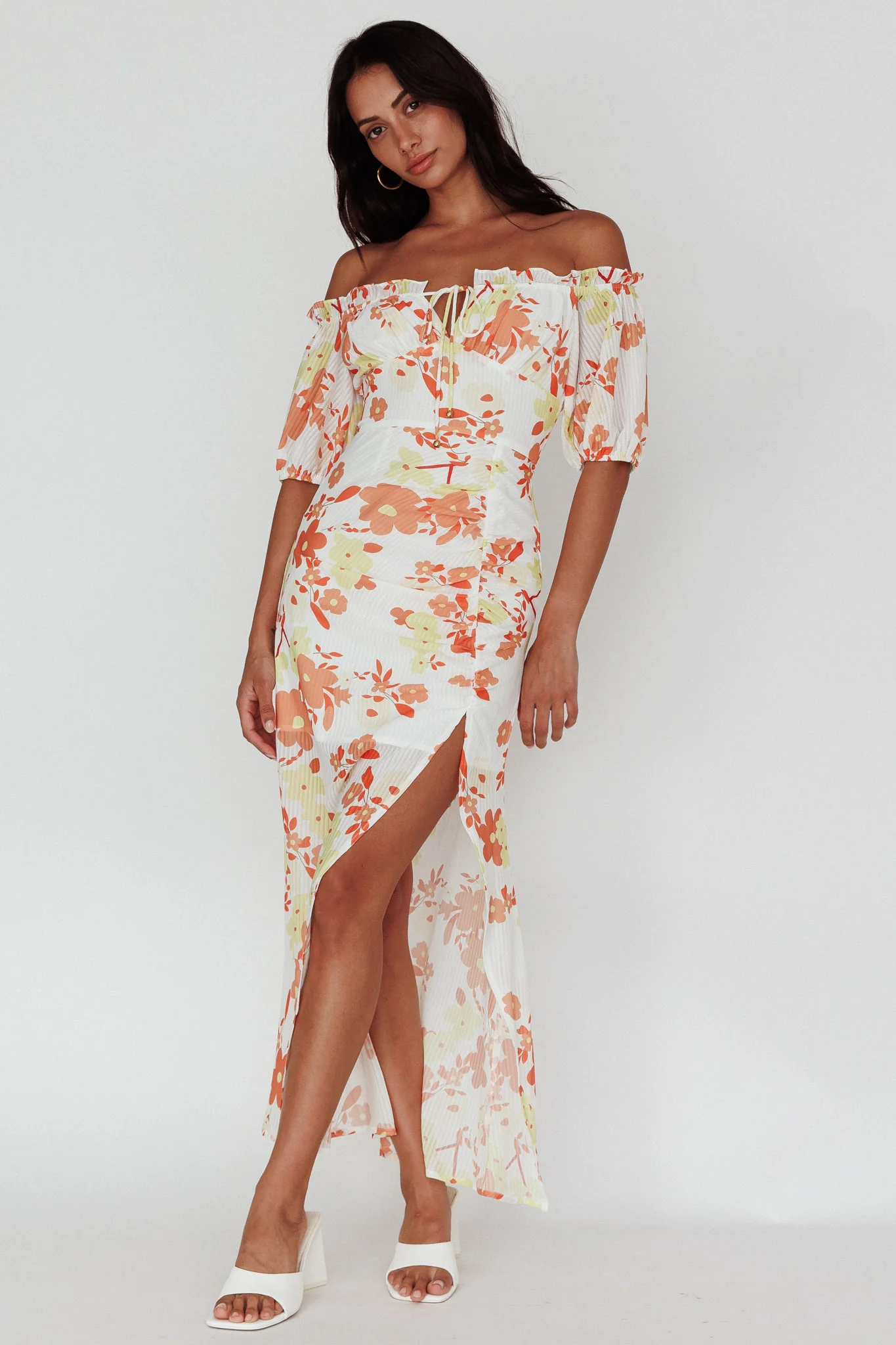 Jalynn Off-Shoulder Split Midi Dress Floral Orange - Sonourner