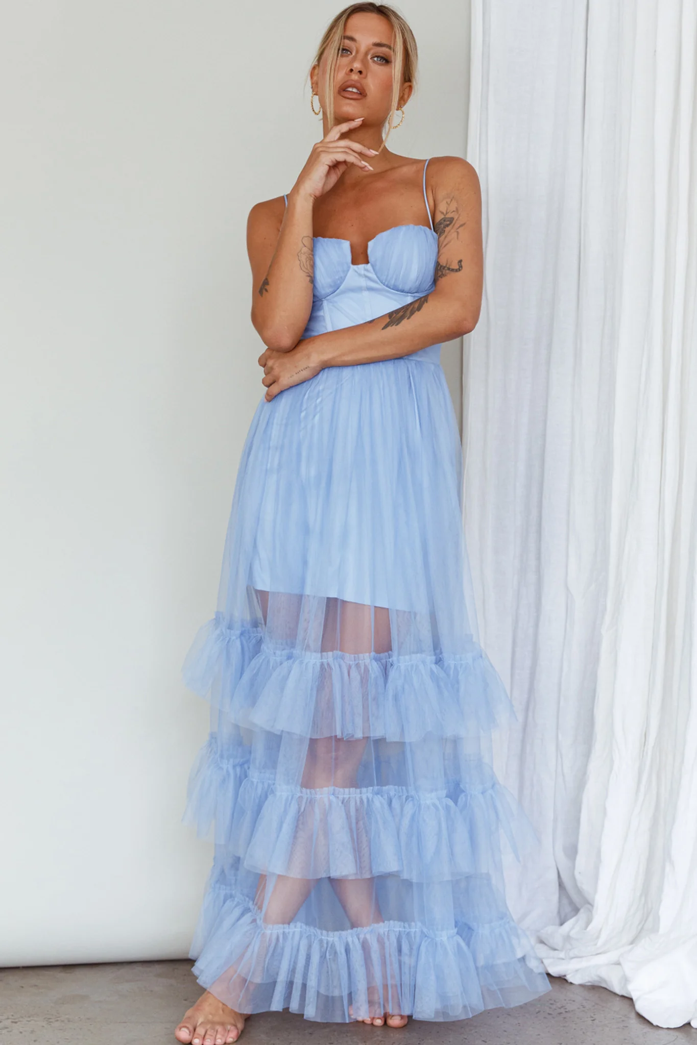 Moonlight Sonata Ruffle Mesh Maxi Dress Sky Blue - Sonourner