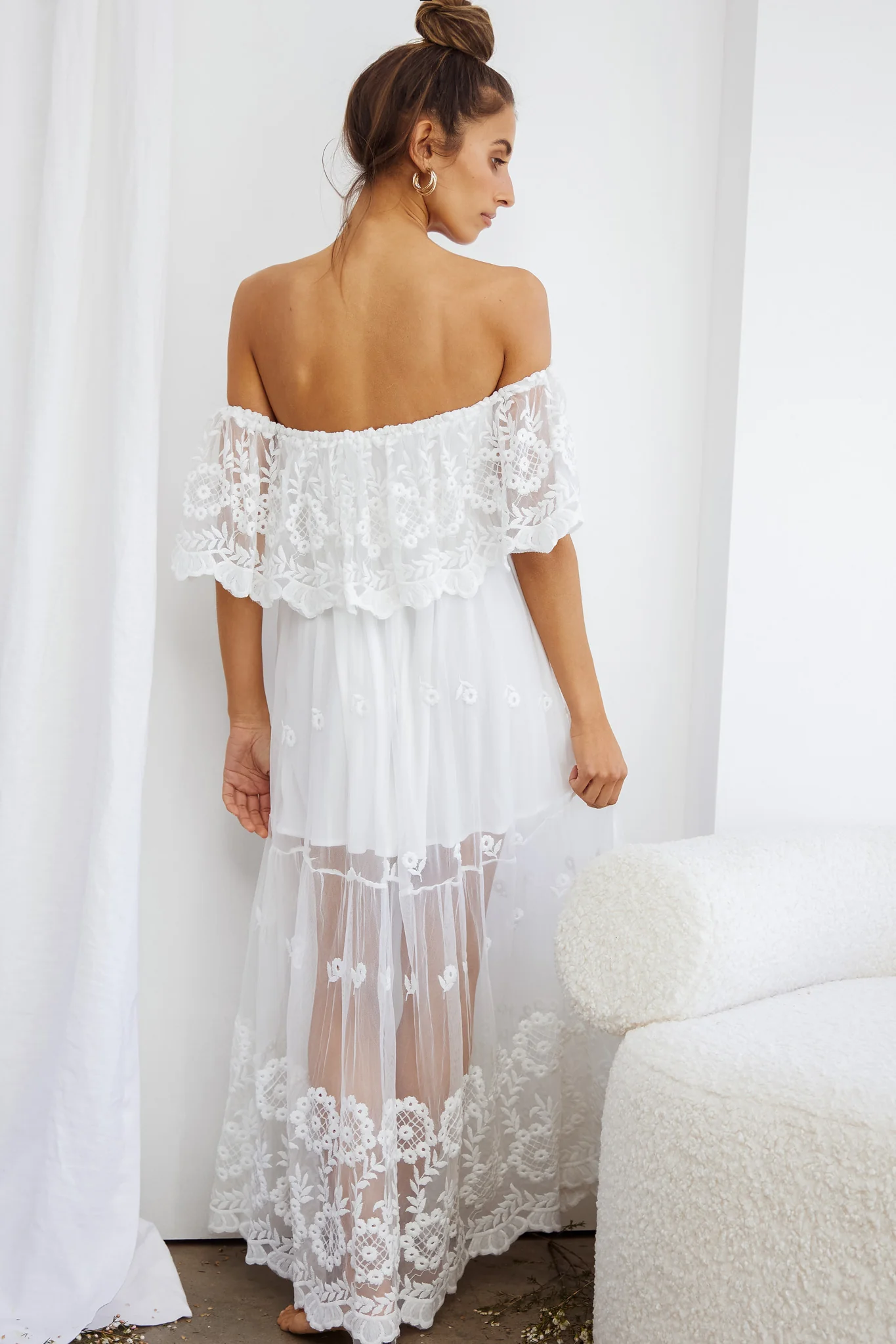 Signet Off-Shoulder Embroidered Mesh Overlay Maxi Dress White - Sonourner