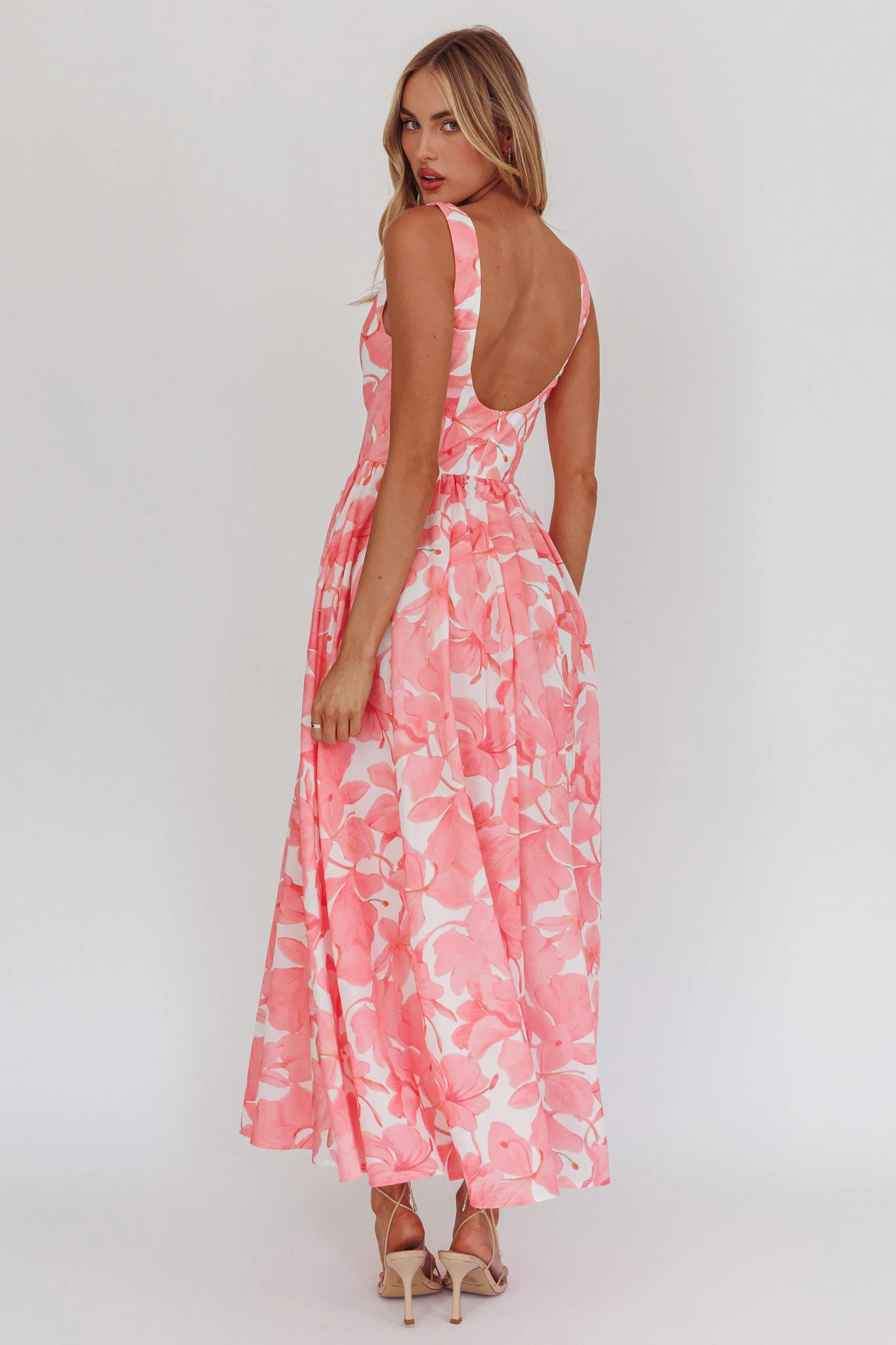 Opulent Low Back Maxi Dress Floral Pink - Sonourner