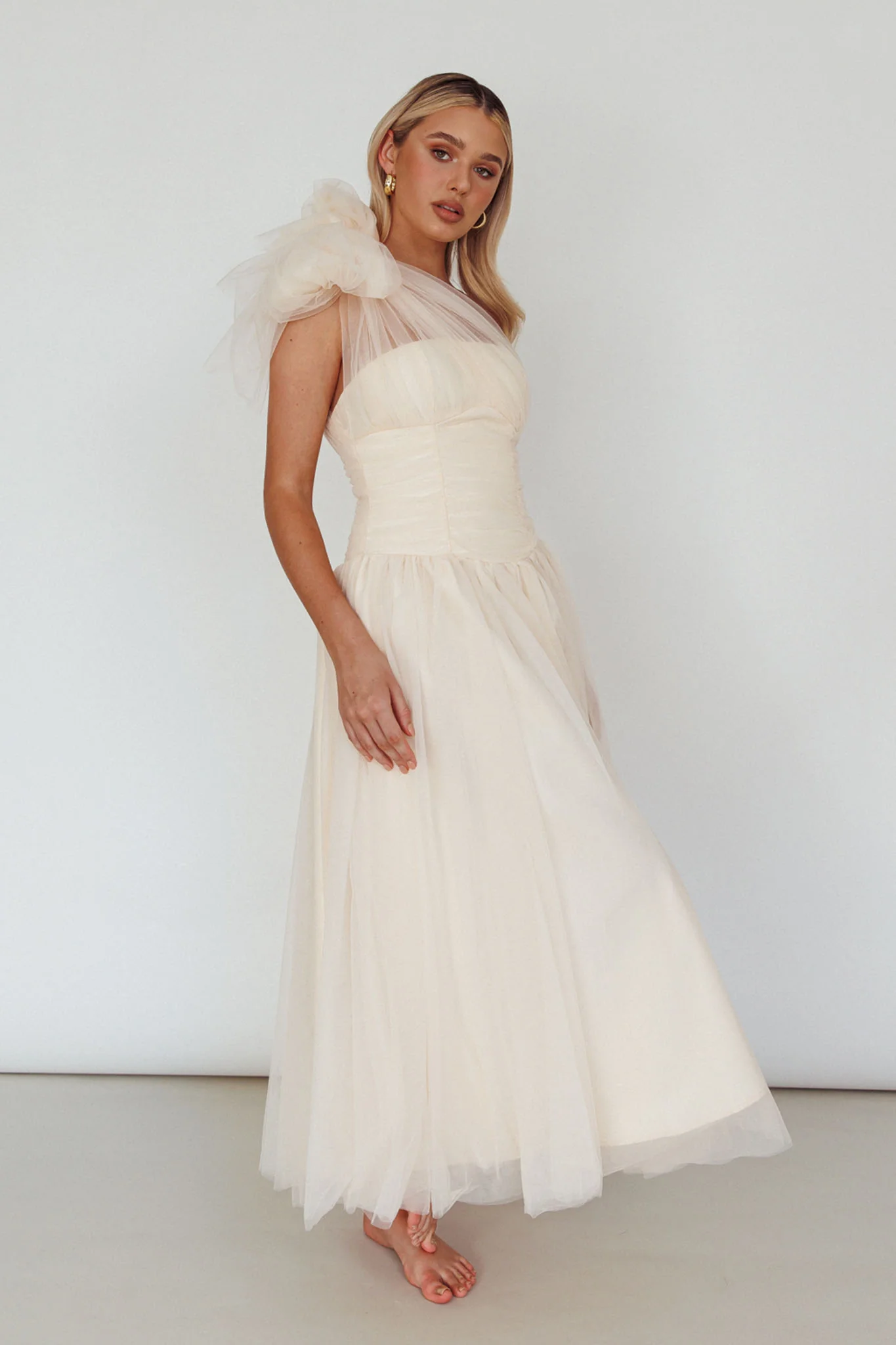 Let's Elope Bow Shoulder Midi Dress Butter - Sonourner