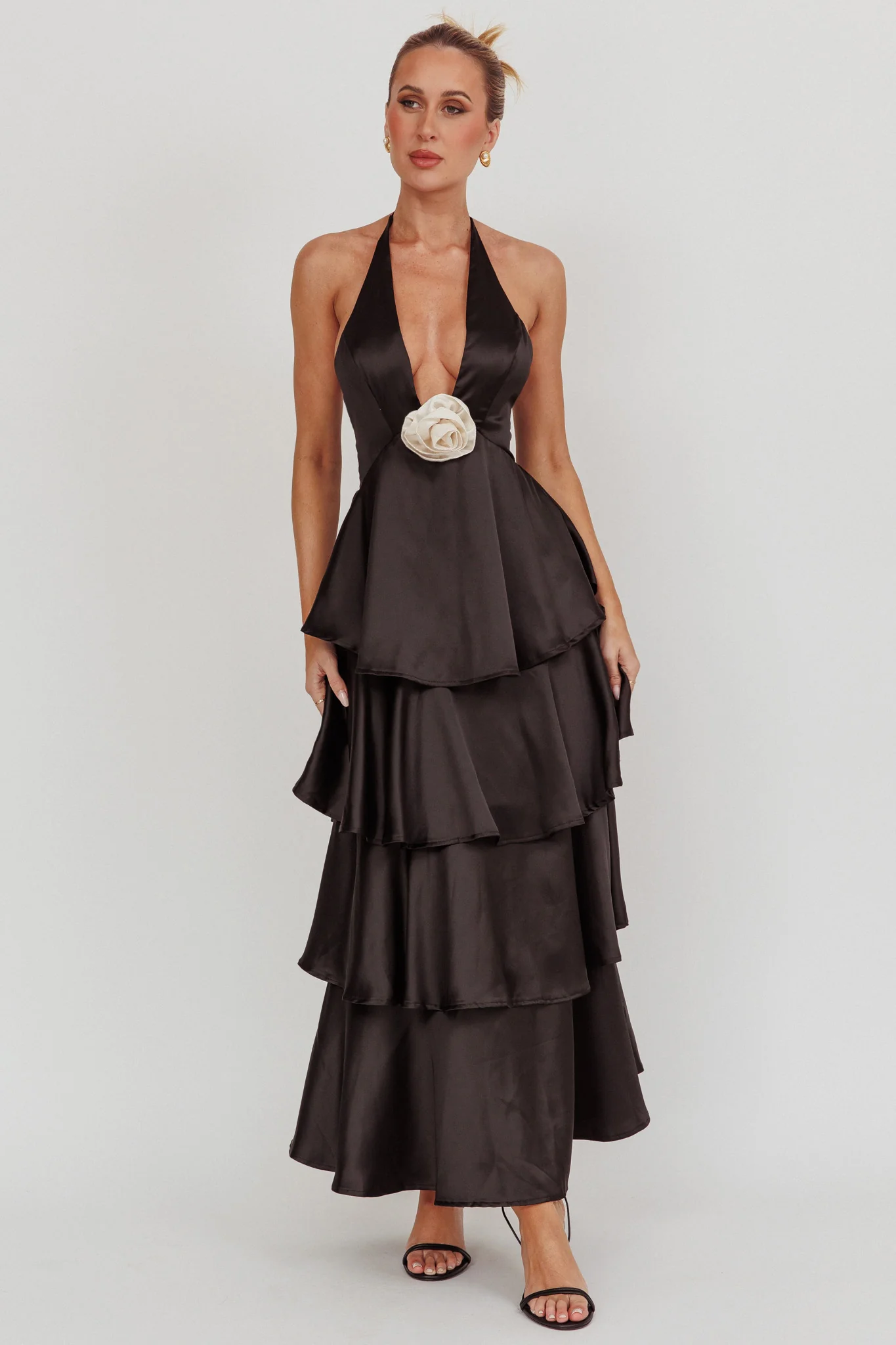 Catalina Tiered Ruffle Rosette Maxi Dress Black - Sonourner