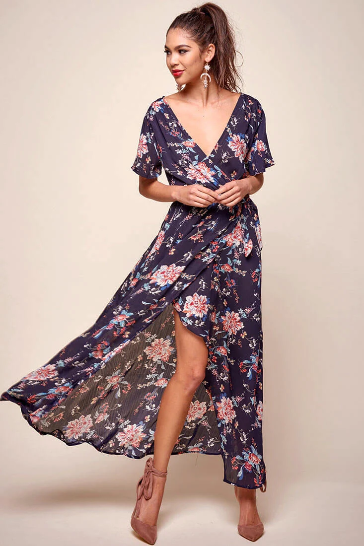 Cheri Floral Wrap Maxi Dress Navy - Sonourner