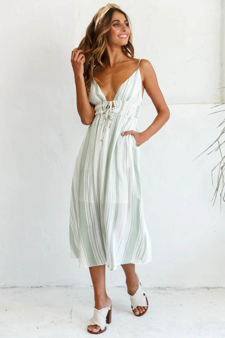 Hosanna Drawstring Detail Pocket Midi Dress Stripe Print Olive - Sonourner