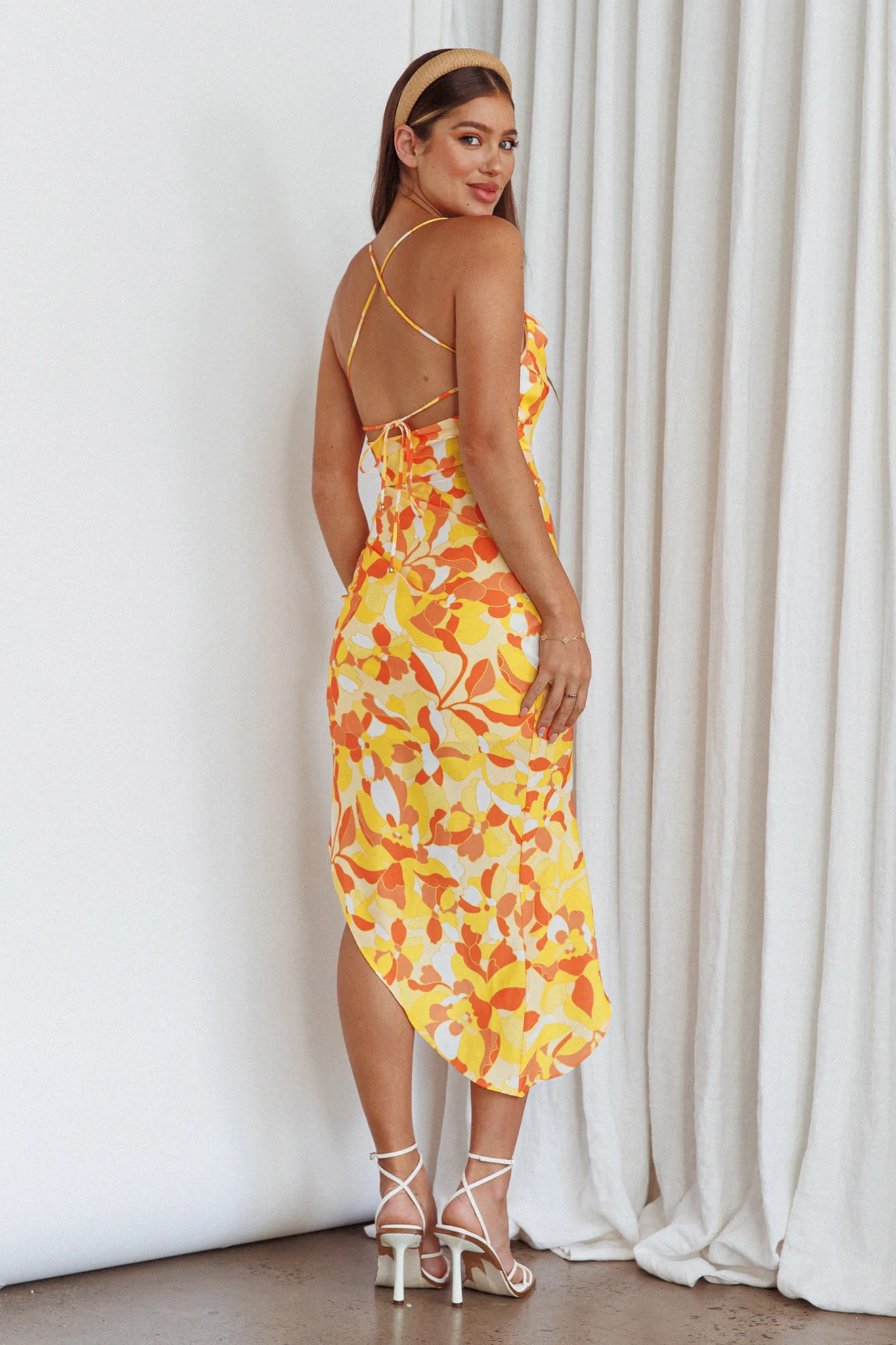 Klara Thigh Split Midi Dress Print Yellow - Sonourner