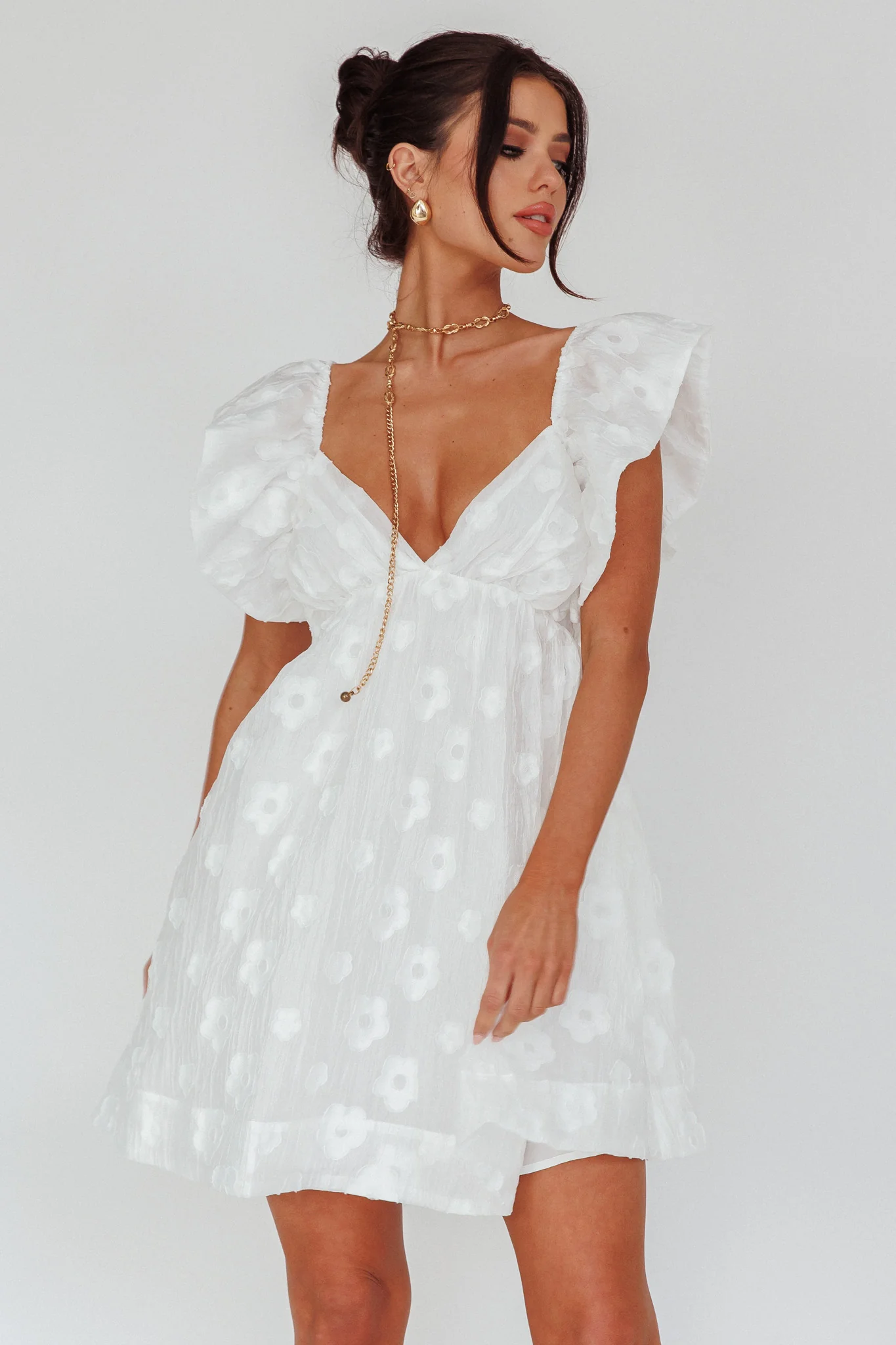 Melrose Place Floral Textured Frill Dress White - Sonourner