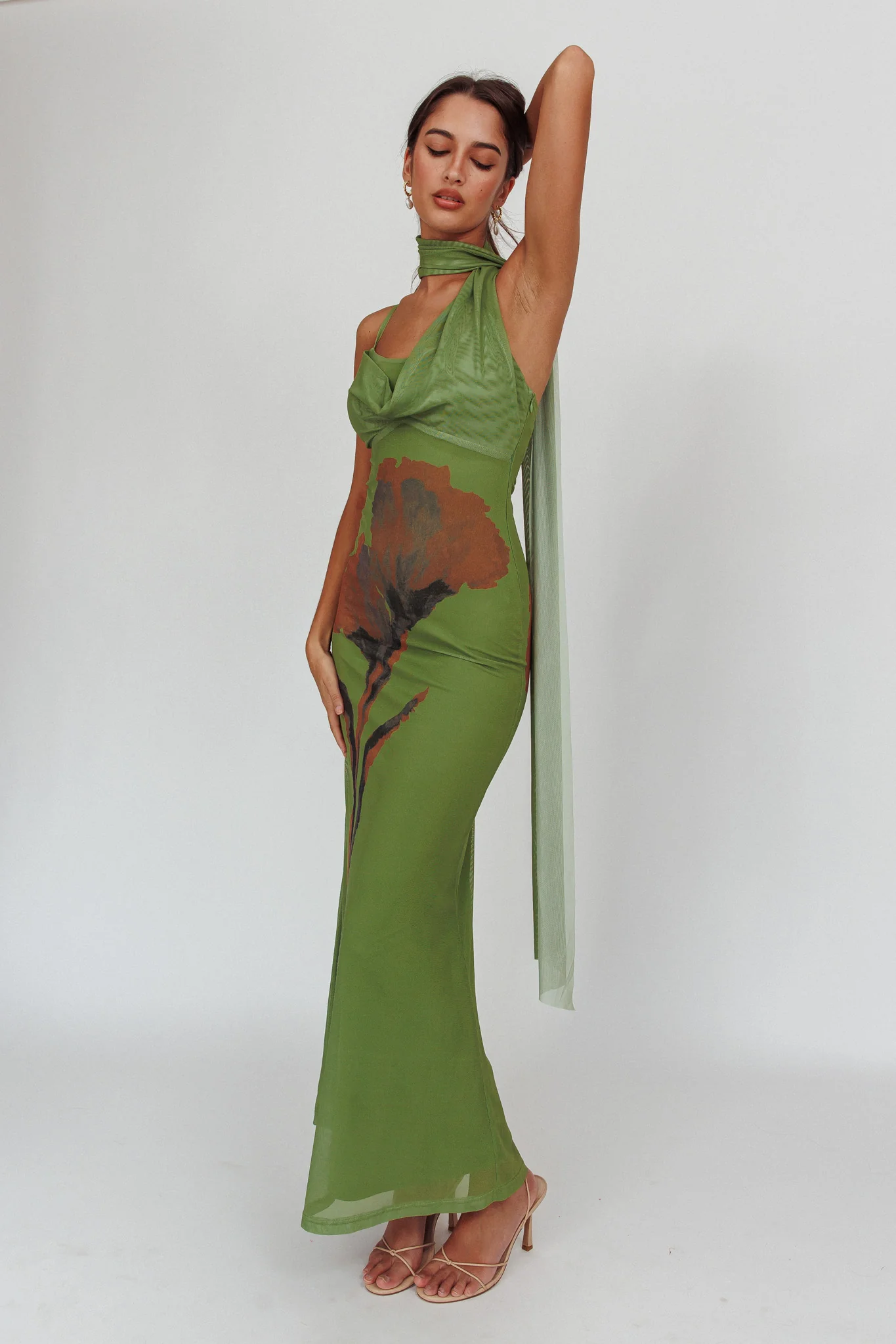 No Surprises Scarfed Floral Maxi Dress Green - Sonourner