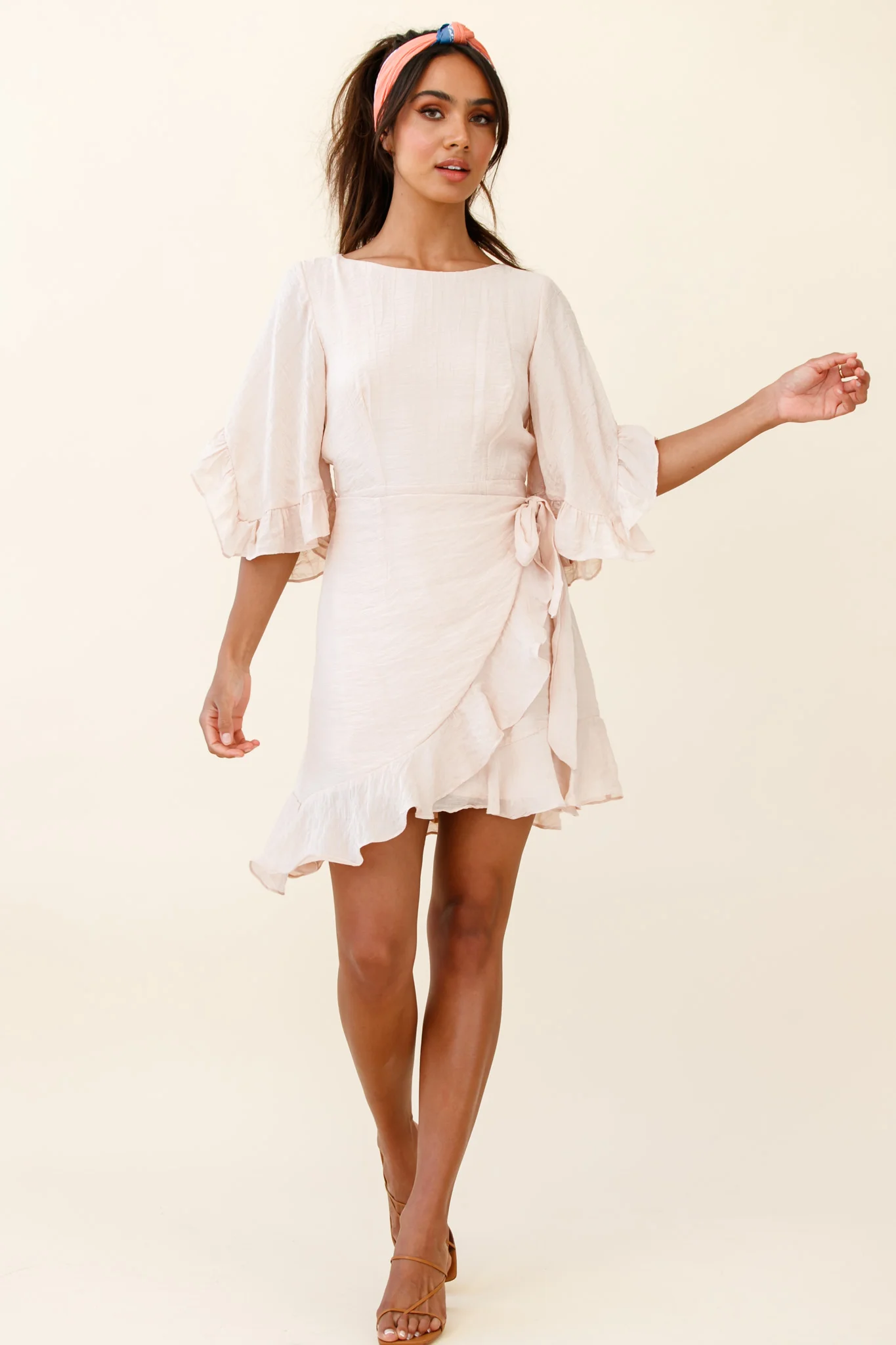 Make It Happen Flared Sleeve Ruffle Trim Dress Beige - Sonourner