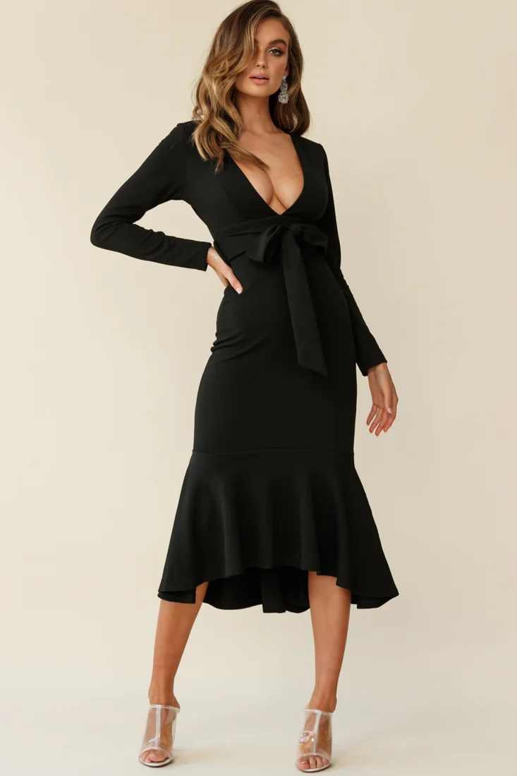 Sorry Not Sorry Long Sleeve Flounce Midi Dress Black - Sonourner