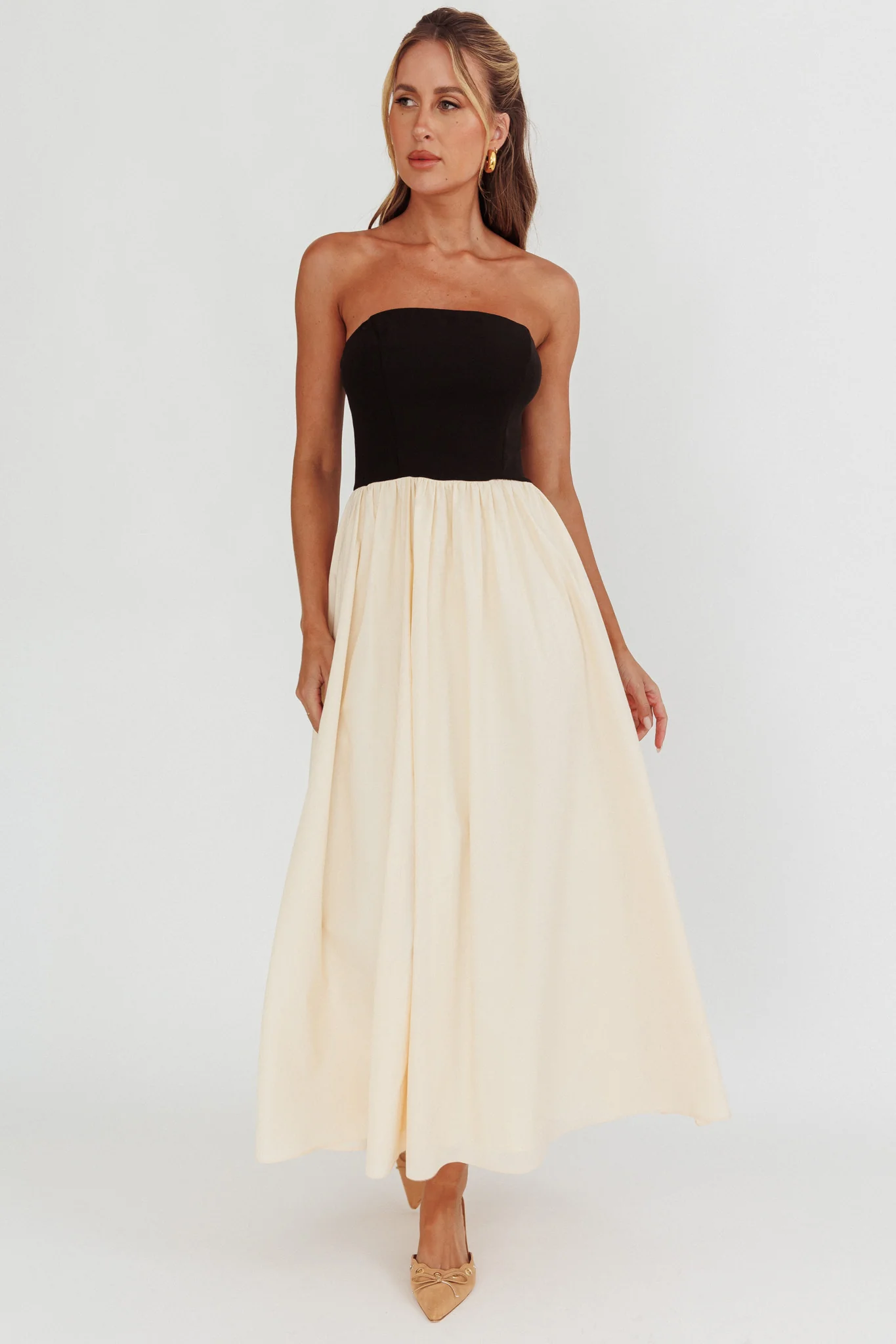 Princess Strapless Contrast Maxi Dress Black/Beige - Sonourner