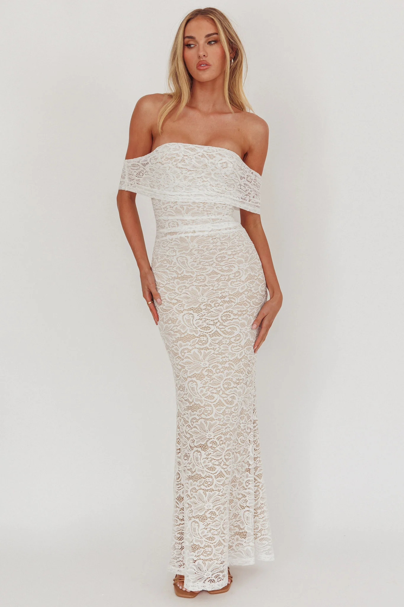 Flutters Off-Shoulder Lace Maxi Dress White - Sonourner