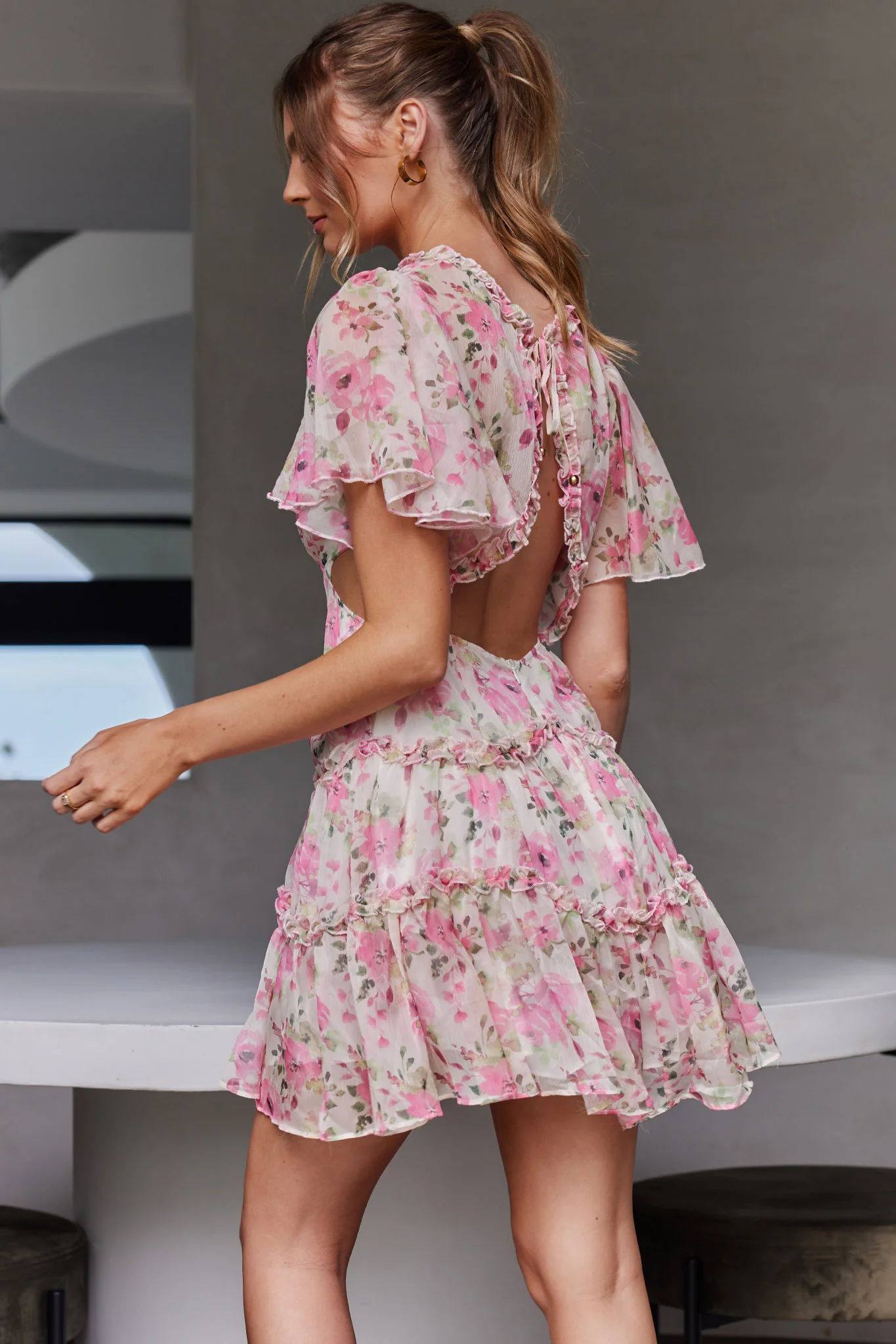 Tres Chic Flutter Sleeve Cut-Out Dress Floral Pink - Sonourner