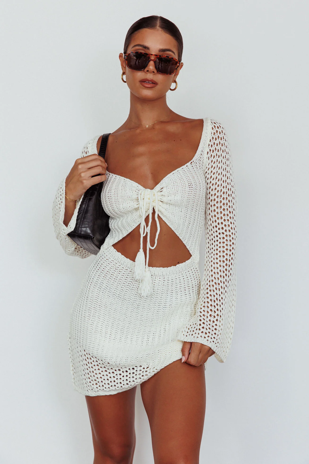 Jamaica Bell Sleeve Crochet Mini Dress White - Sonourner