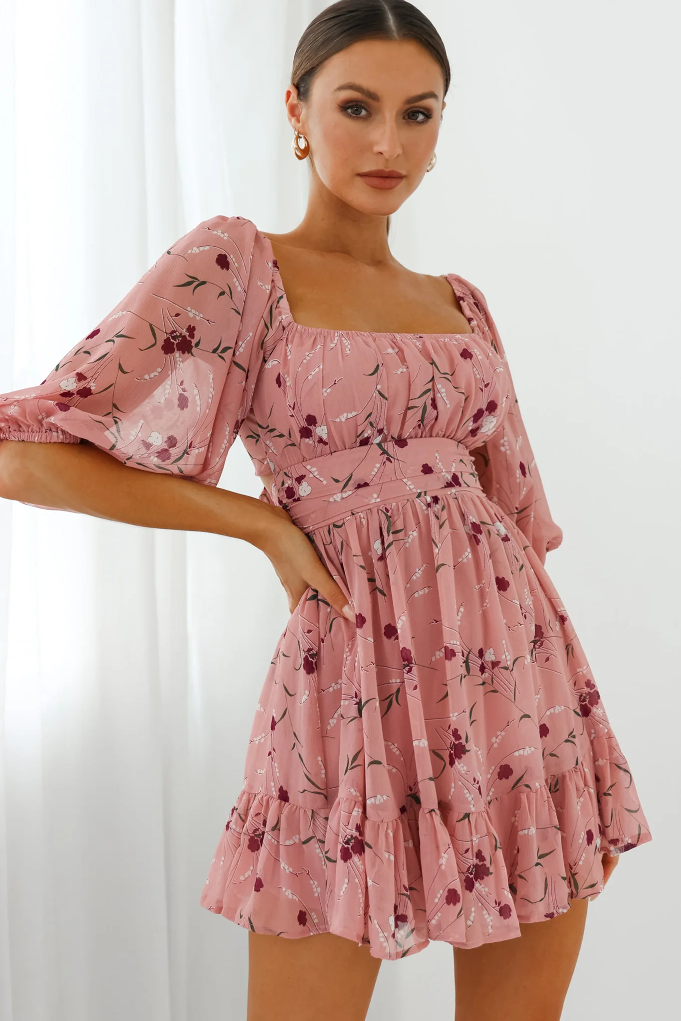 Abby Off-Shoulder Tie-Up Back Dress Floral Print Rose - Sonourner
