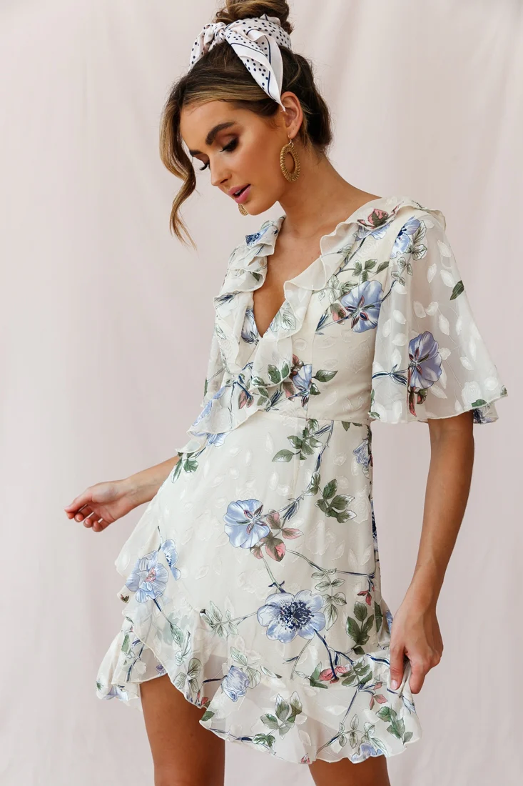 June Angel Sleeve Ruffle Detail Dress Floral Print Beige - Sonourner