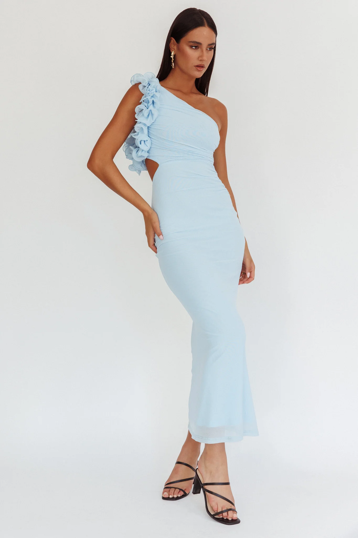 Deanna One-Shoulder Ruffle Maxi Dress Light Blue - Sonourner