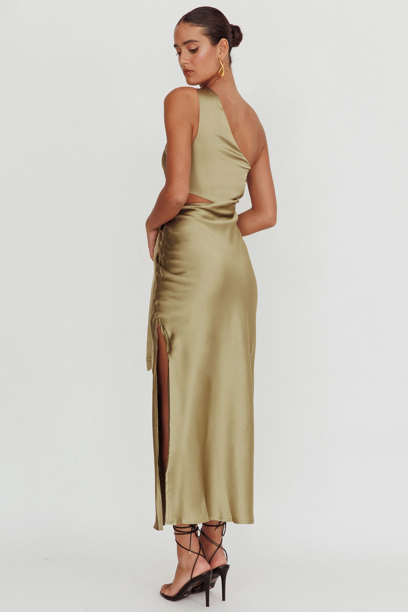 Abloom One Shoulder Satin Maxi Dress Khaki - Sonourner
