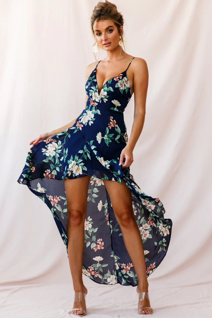 Imelda V-Neckline High-Low Hem Dress Navy - Sonourner