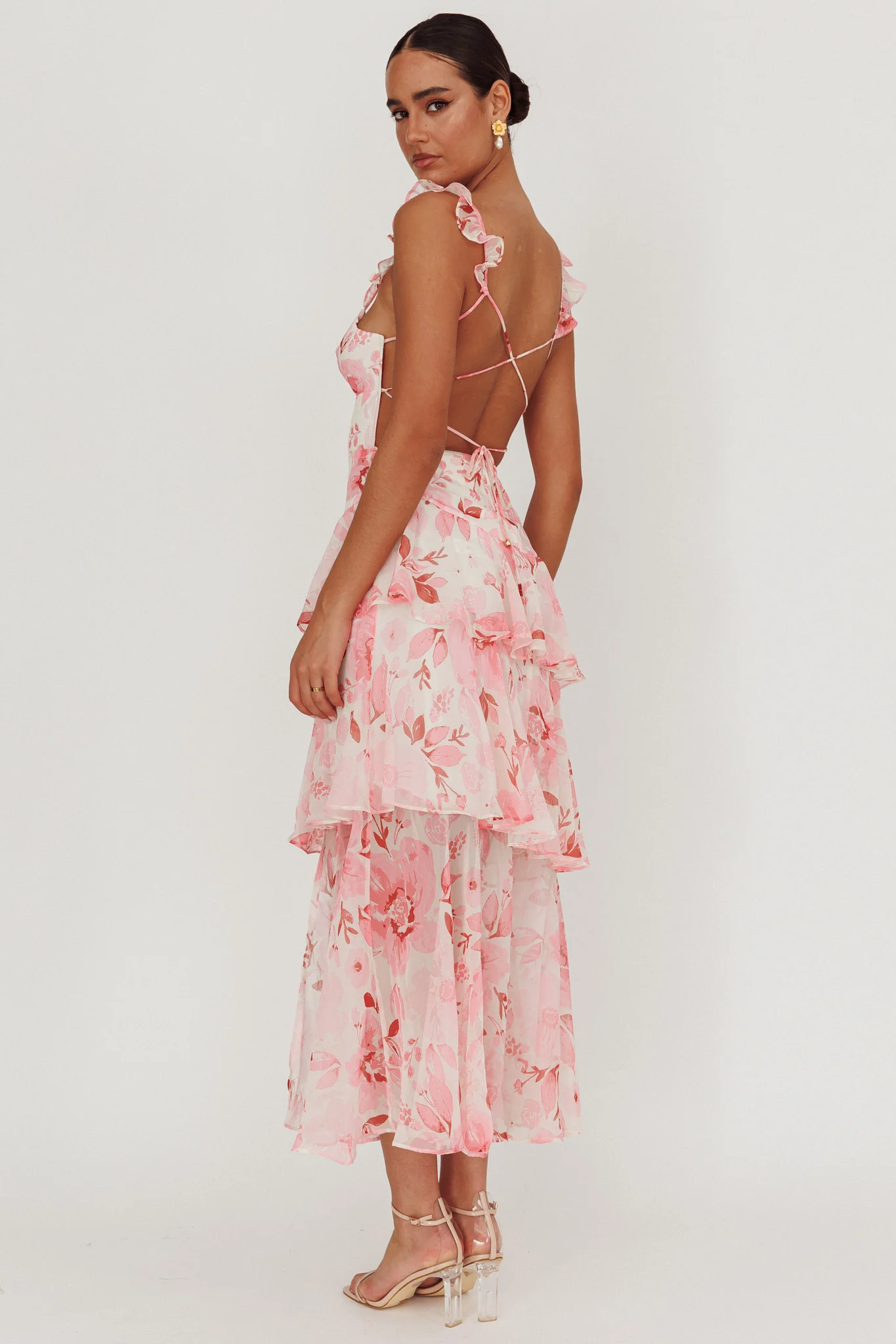 Veda Strappy Back Ruffle Maxi Dress Flowers Blush - Sonourner