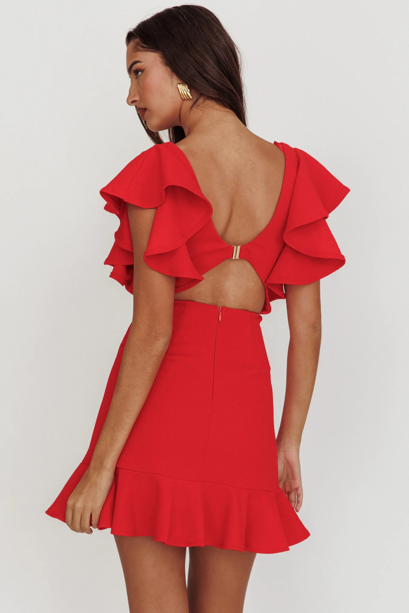 Cupid's Bow V-Neckline Ruffle Shoulder Bodycon Dress Red - Sonourner
