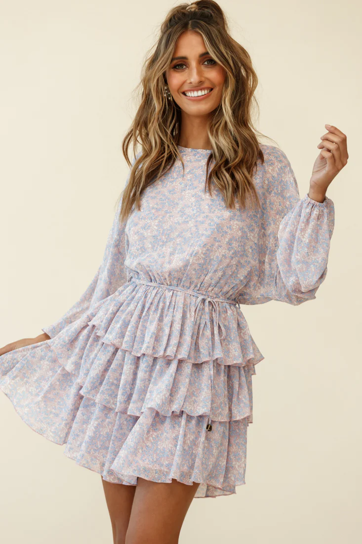 Odessa Long Sleeve Layered Ruffle Dress Flower Pattern Pink - Sonourner