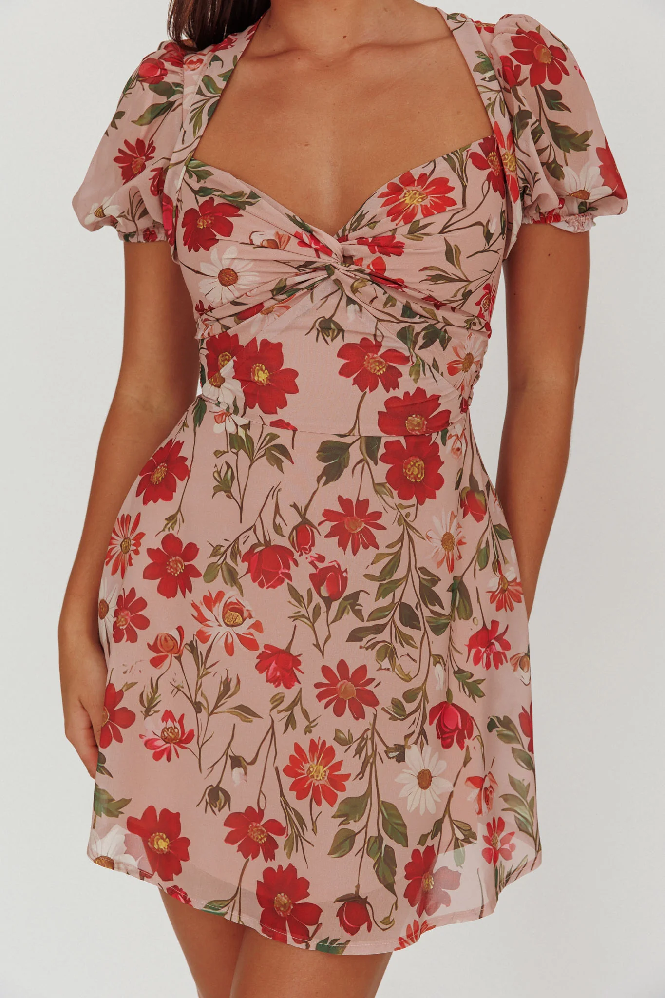 Dillon Twist Bust Mini Dress Floral Beige - Sonourner