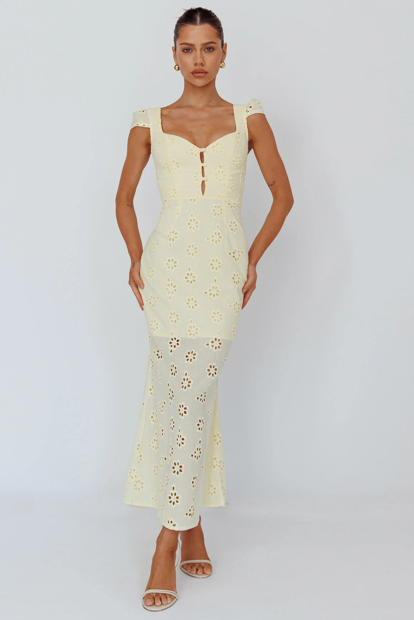 Bohemian Sun Cap Sleeve Eyelet Midi Dress Yellow - Sonourner