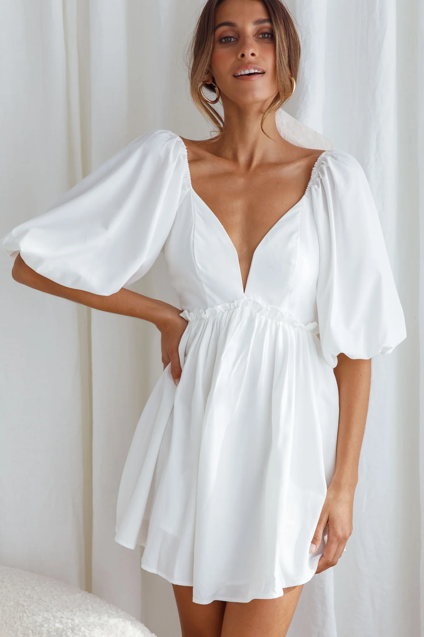 Always Dreaming Puff Sleeve Structured V-Neckline Mini Dress White - Sonourner