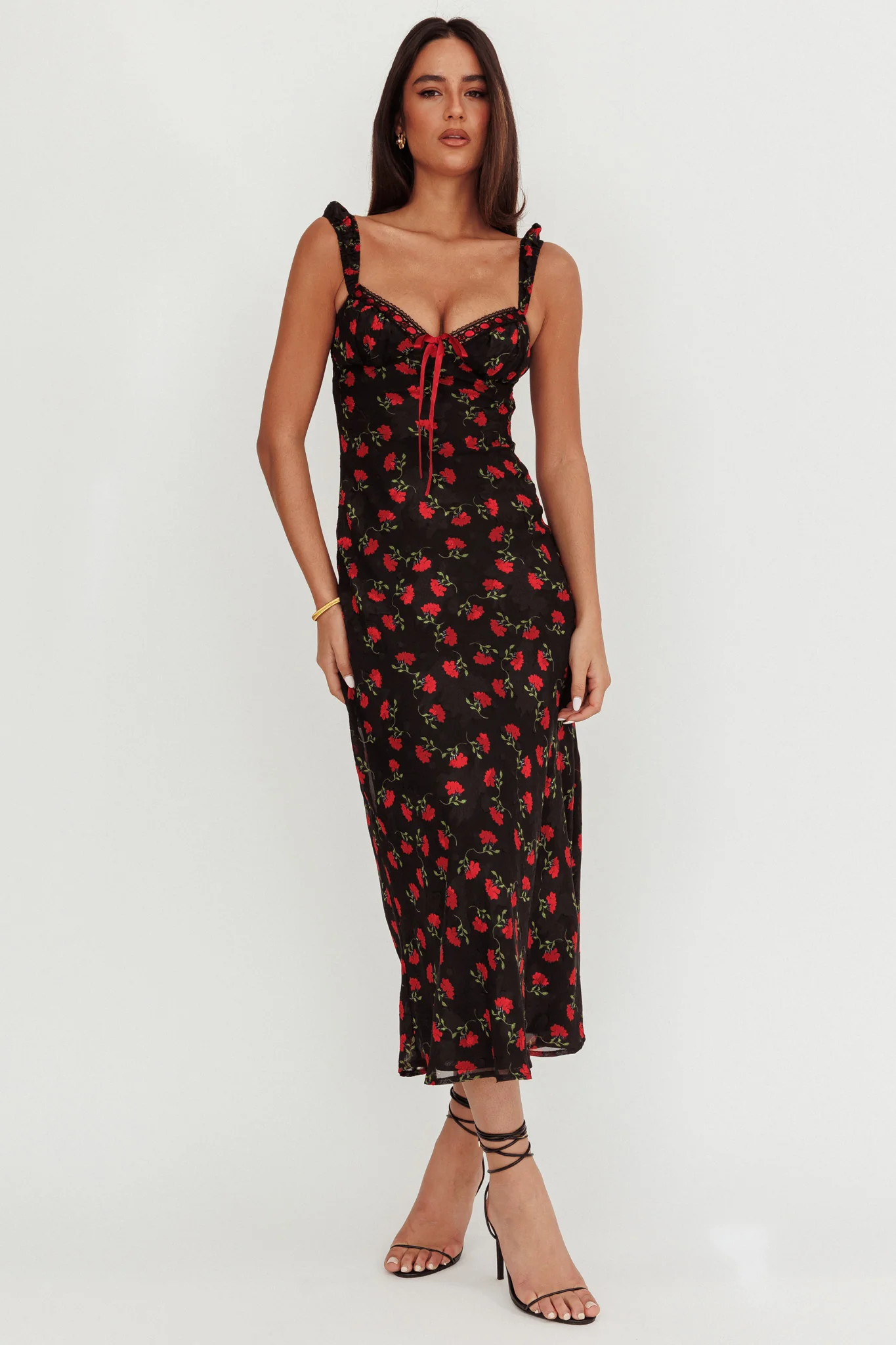 Femme Belle Ribbon Trim Maxi Dress Floral Black - Sonourner