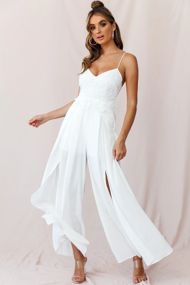 Ada Applique Embroidery Bust Wide Leg Jumpsuit White - Sonourner