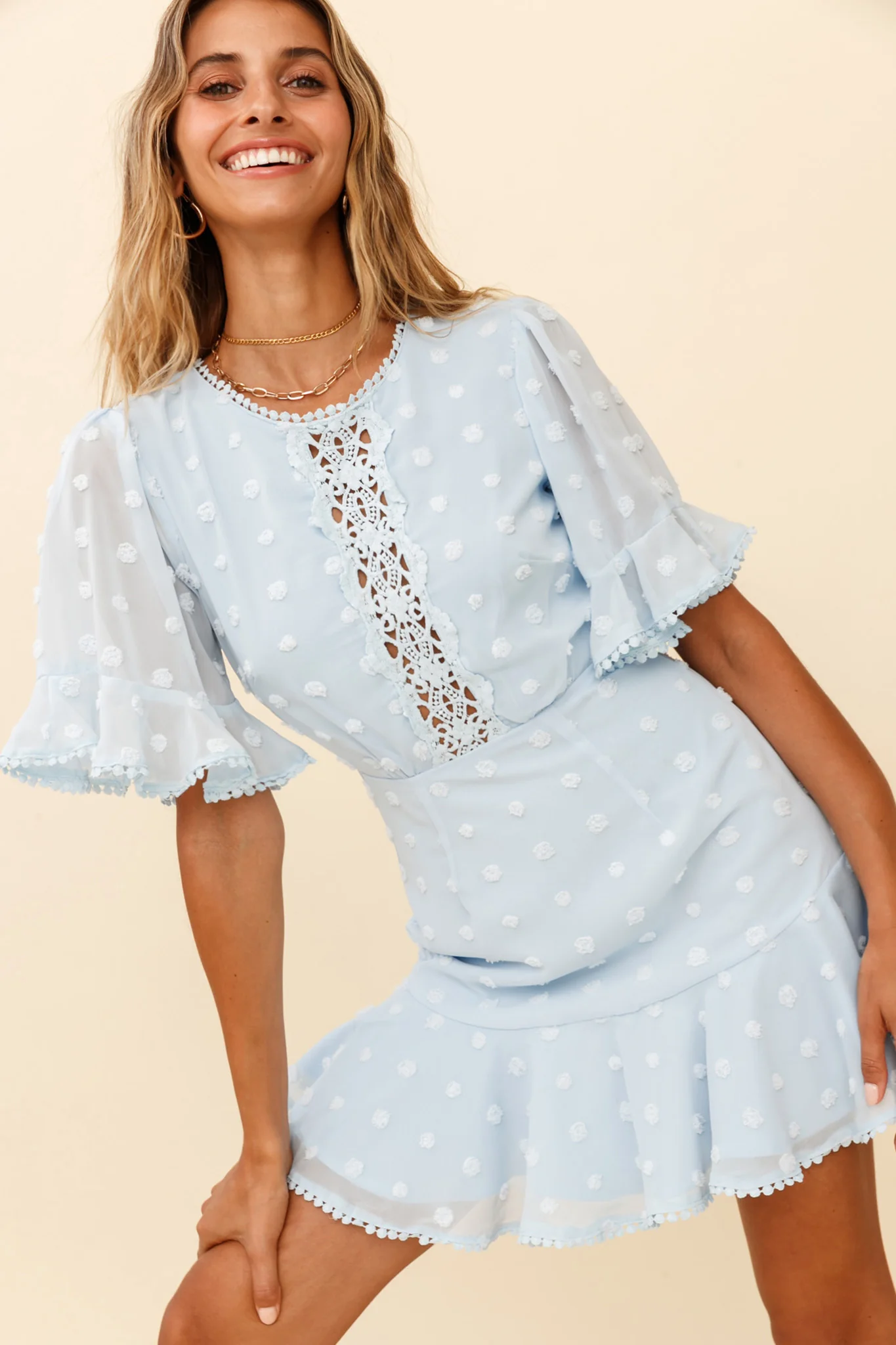 Afternoon Delight Crochet Bust Accent Open Back Dress Baby Blue - Sonourner