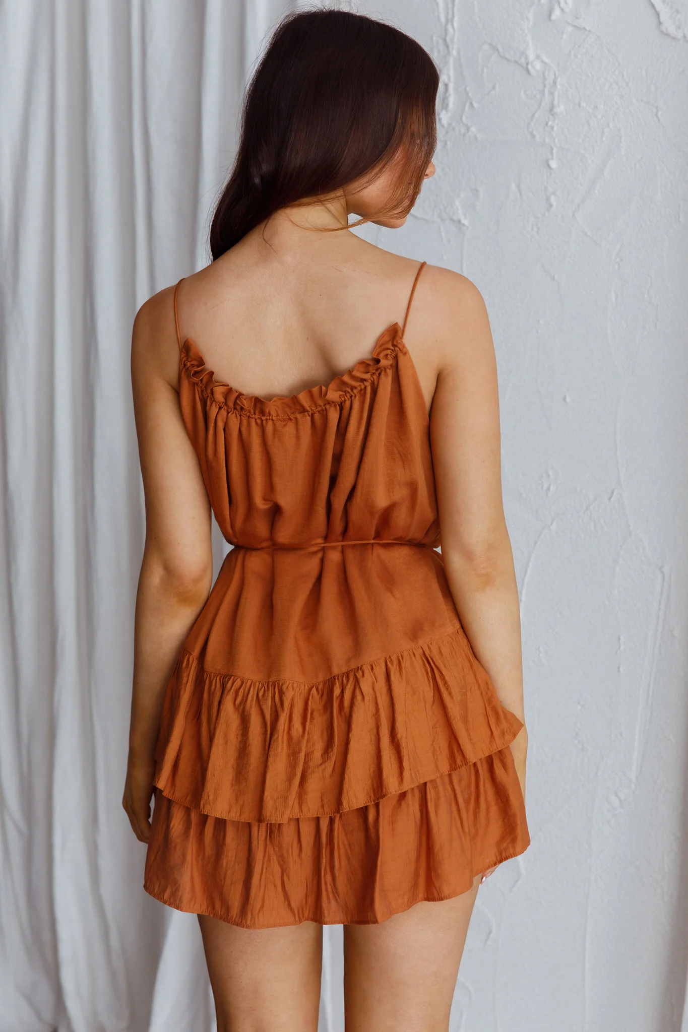 Madeira Drawstring Neckline Frill Mini Dress Tan - Sonourner