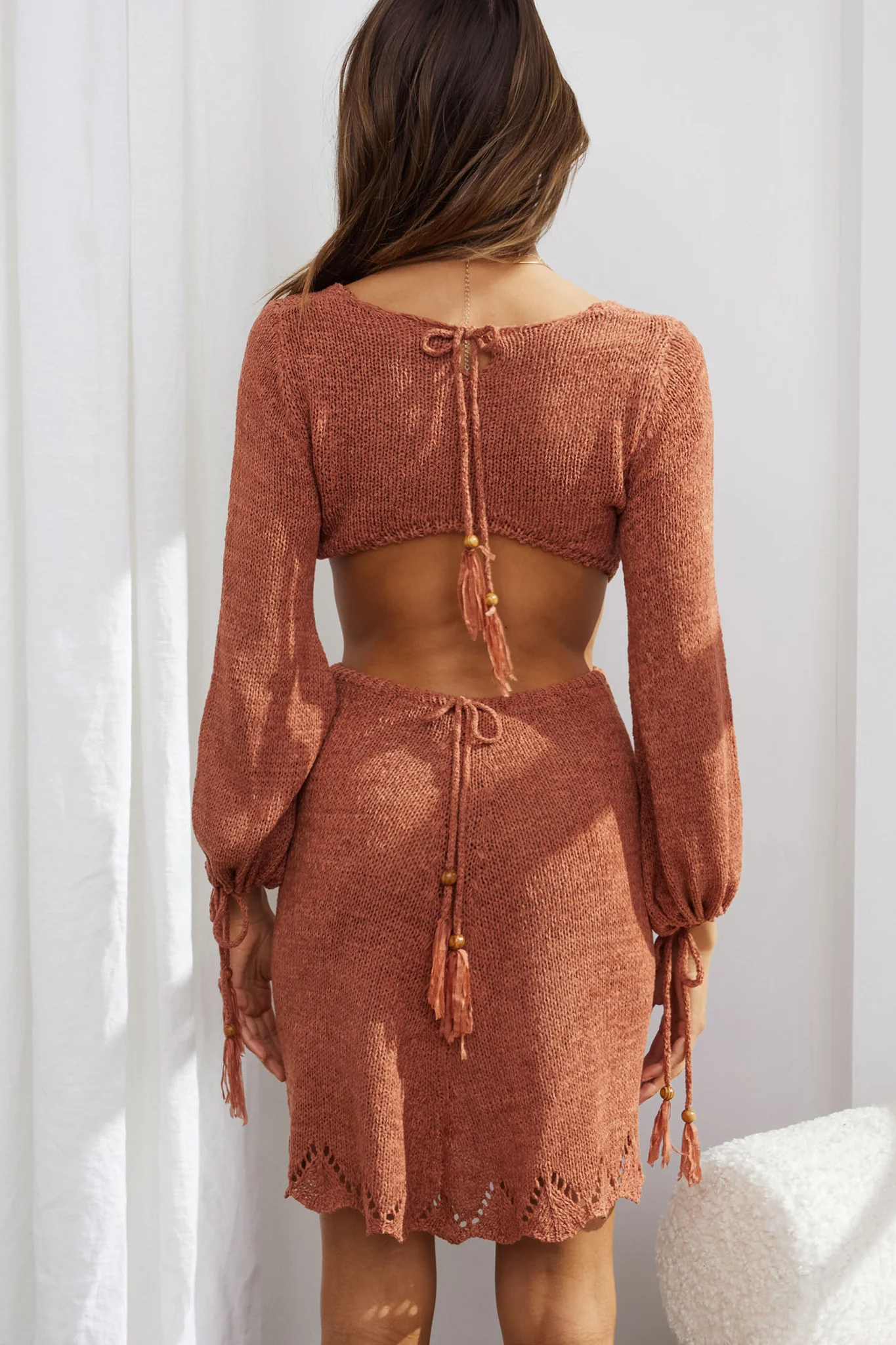 Out Of Office Long Sleeve Cut-Out Knit Mini Dress Chocolate - Sonourner