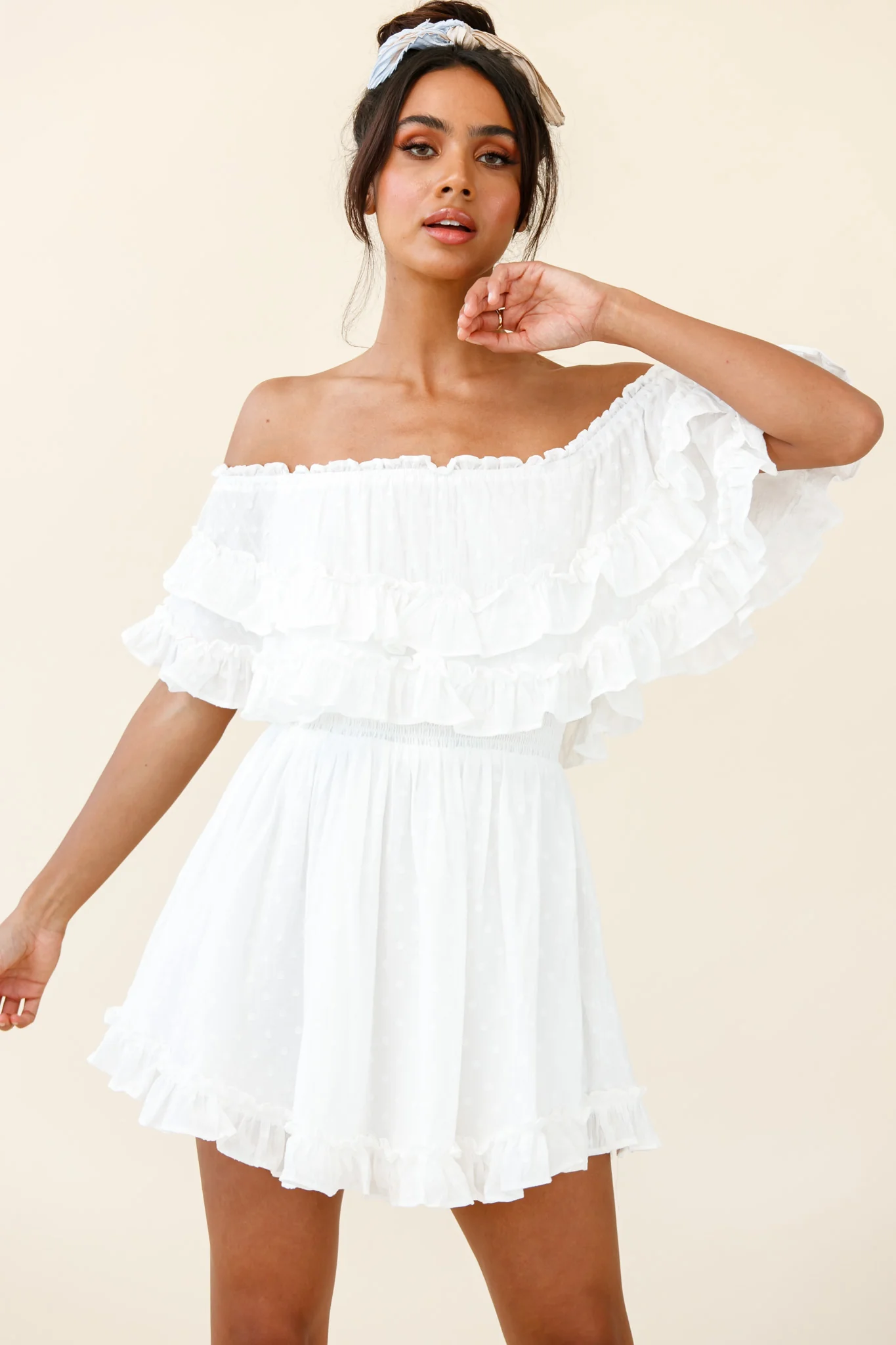 Meet Me At Sunset Bardot Neckline Frill Trim Dress Spotty White - Sonourner