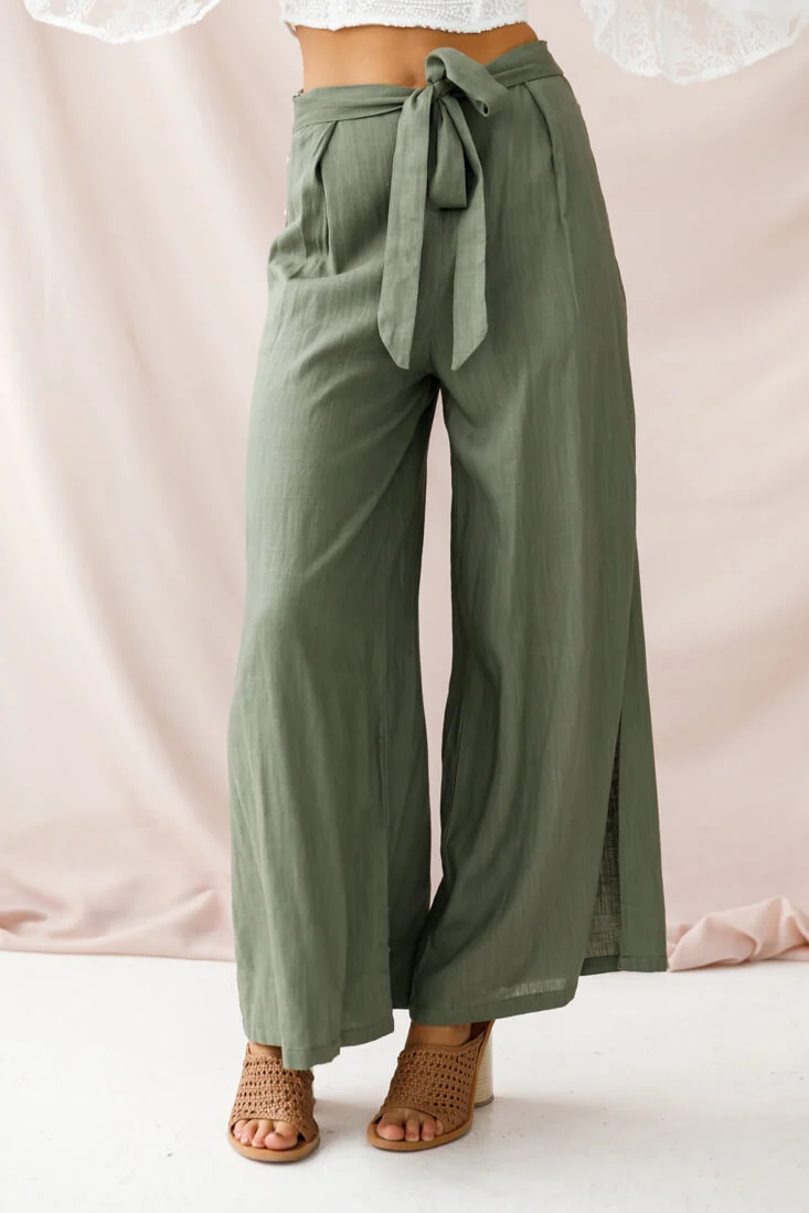 Aruba Wide Leg Side Split Pants Khaki - Sonourner