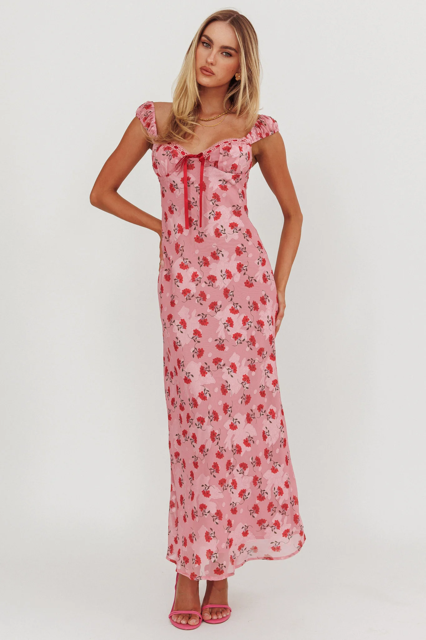 Femme Belle Ribbon Trim Maxi Dress Floral Pink - Sonourner