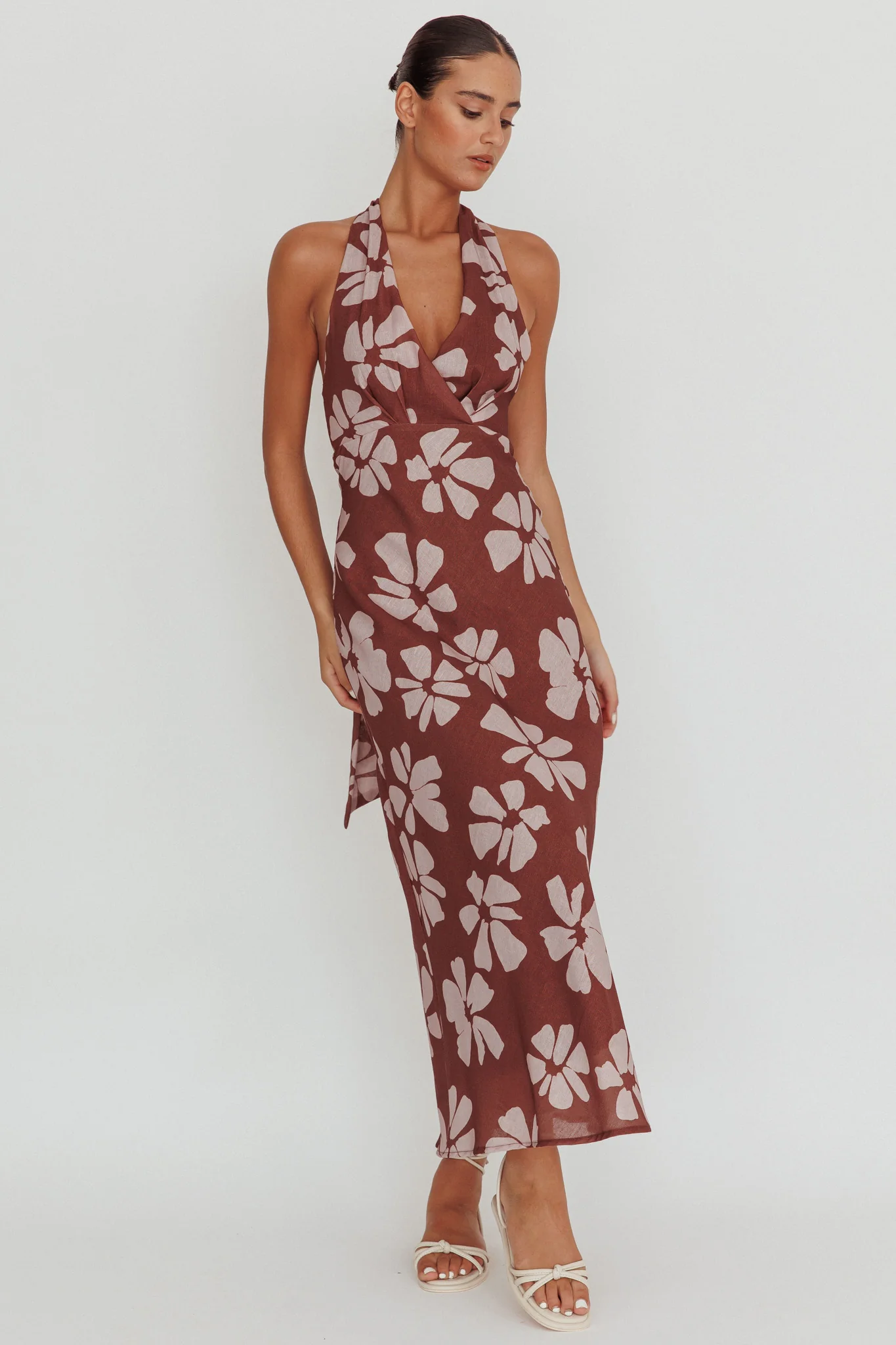 Italia Azure Halterneck Floral Maxi Dress Brown - Sonourner