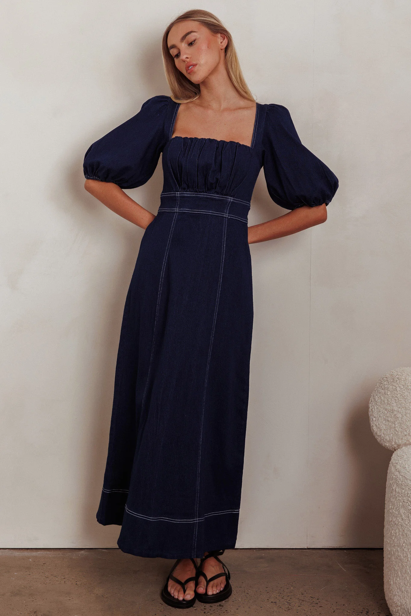 Sibille Puff Sleeve Maxi Dress Denim Indigo - Sonourner