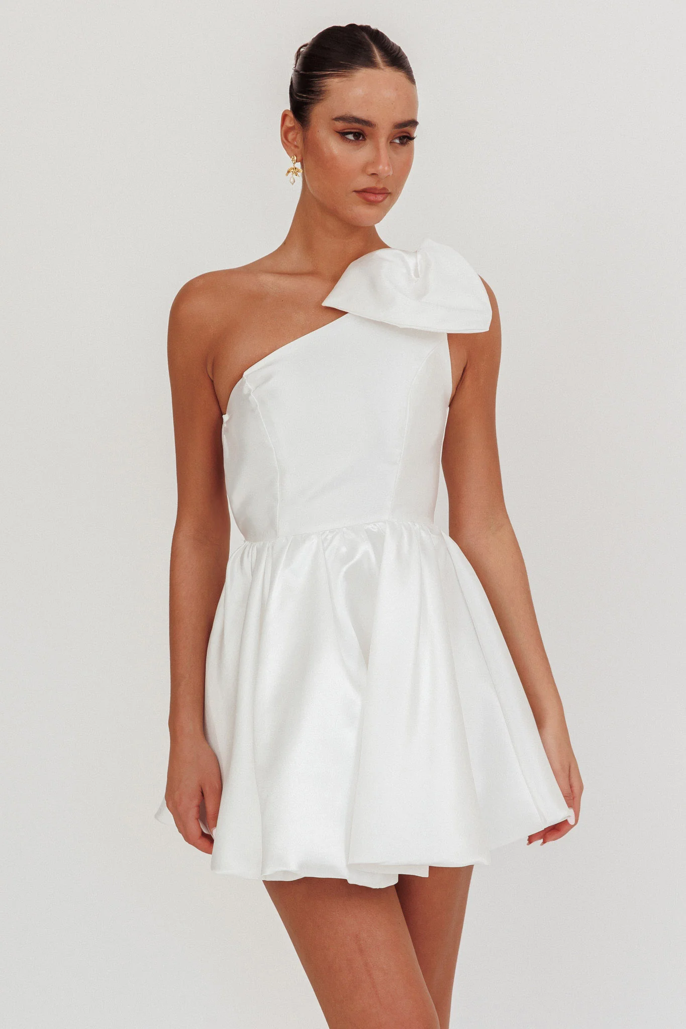 Athens Shoulder Bow Bubble Hem Mini Dress Off White - Sonourner