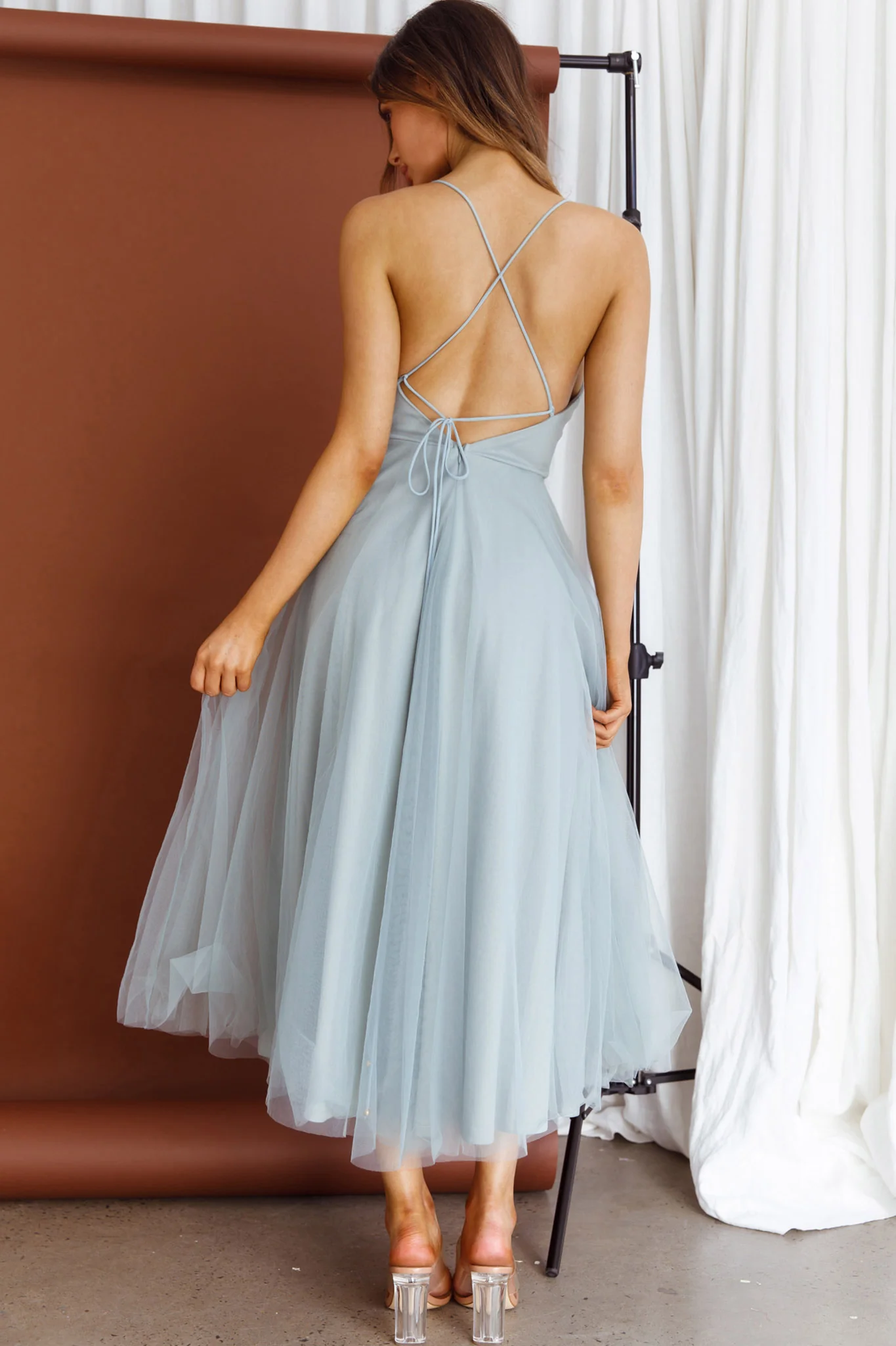 Floating By Pleated Neckline Mesh Midi Dress Sage - Sonourner