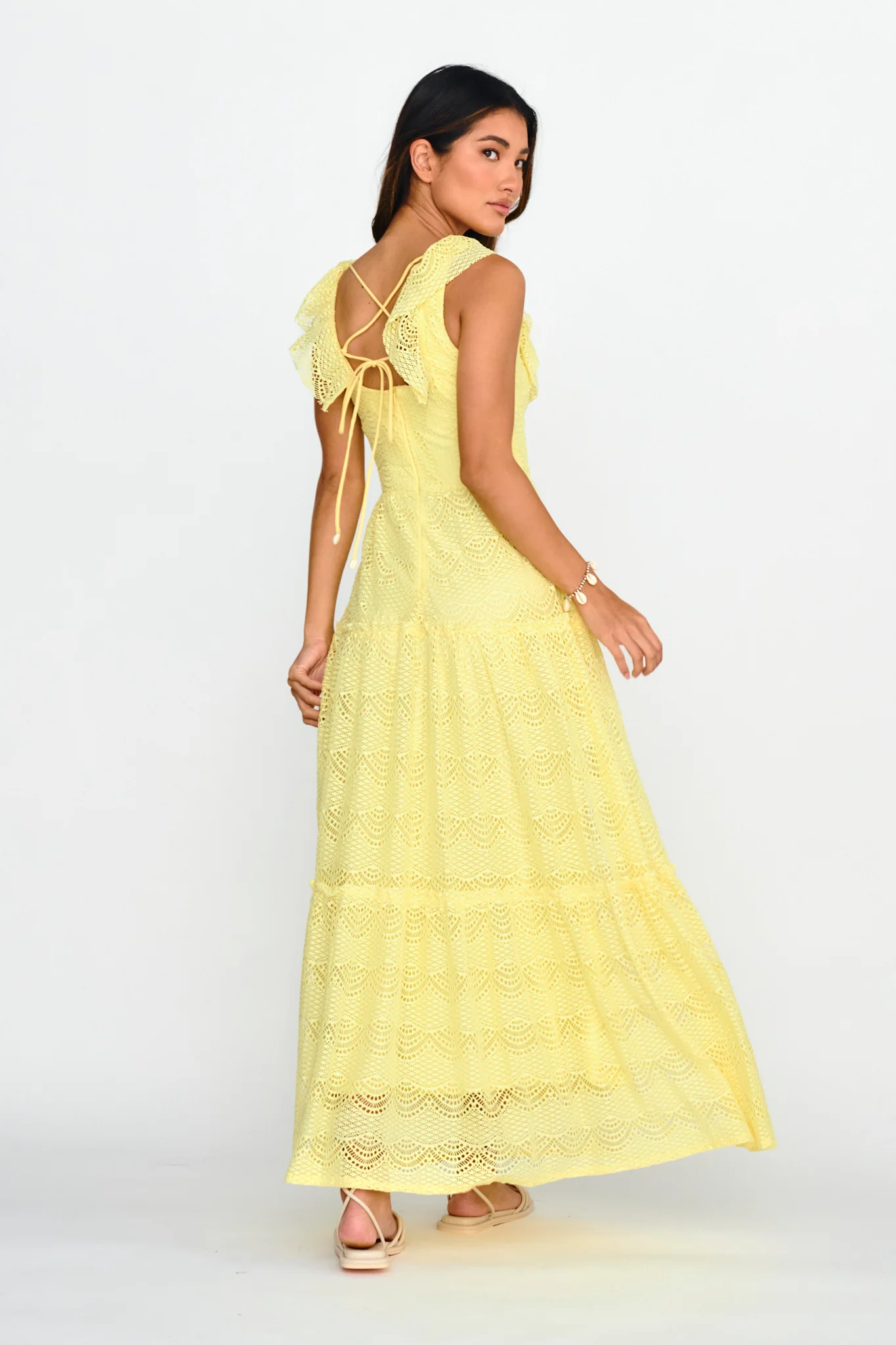Portofino Sunset Ruffle Lace Maxi Dress Lemon - Sonourner