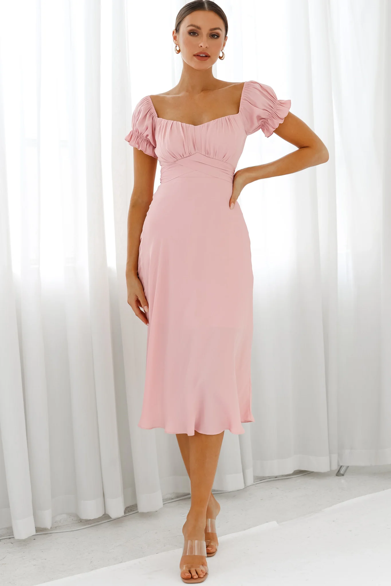 Linka Off-Shoulder Tie Back Midi Dress Blush - Sonourner