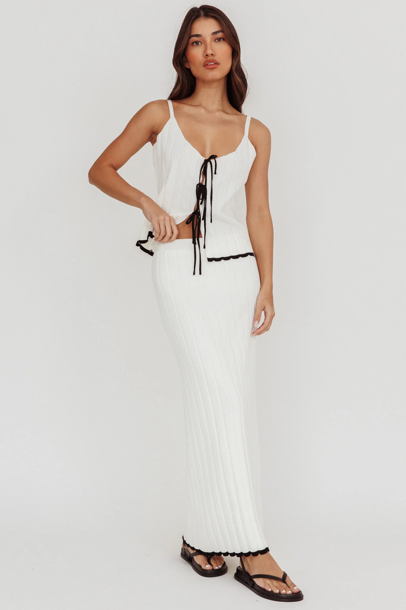 Liloh Contrast Trim Ribbed Maxi Skirt White - Sonourner