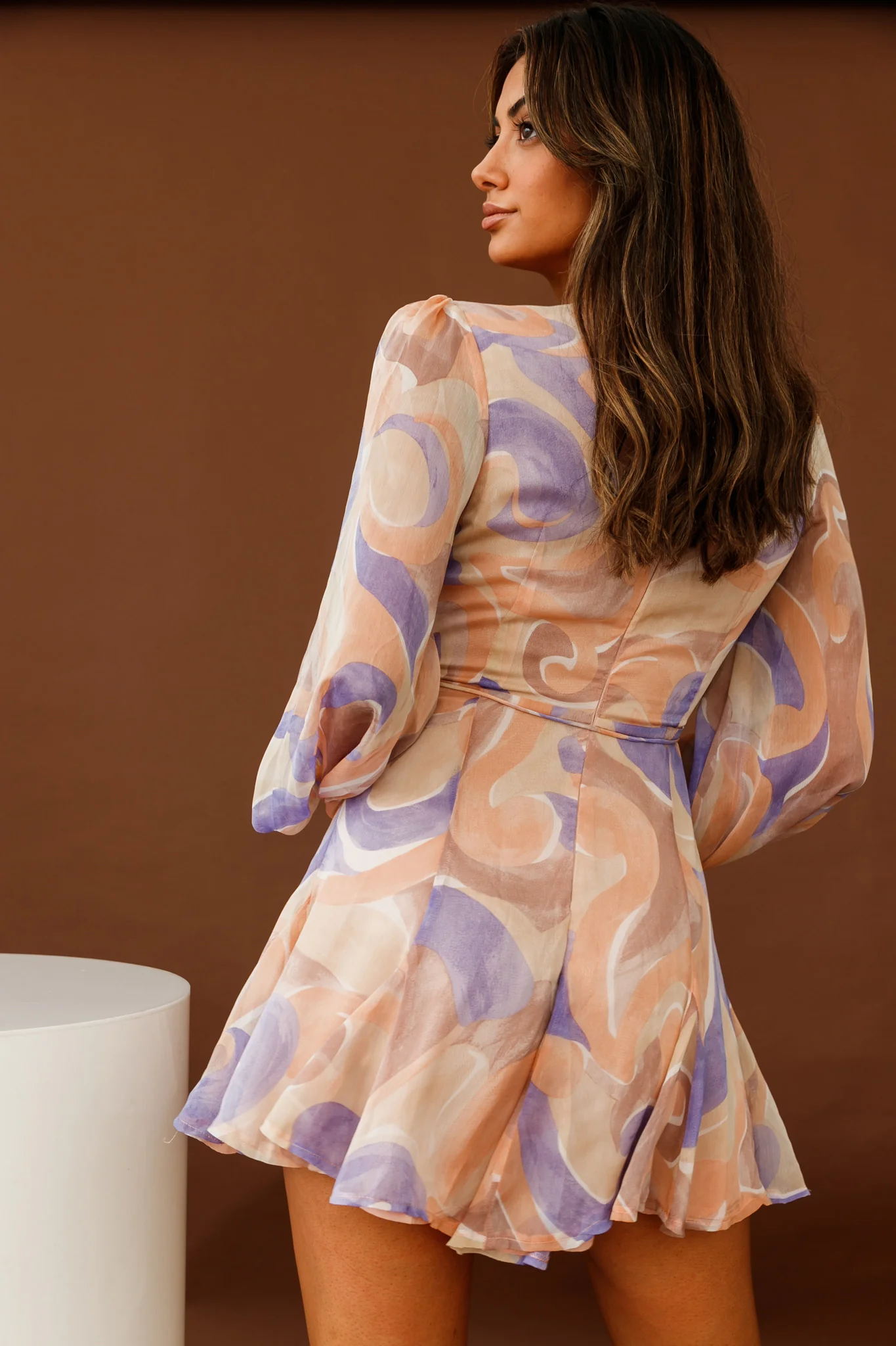 Estelle Long Sleeve V-Neckline Dress Swirl Print Nude/Purple - Sonourner