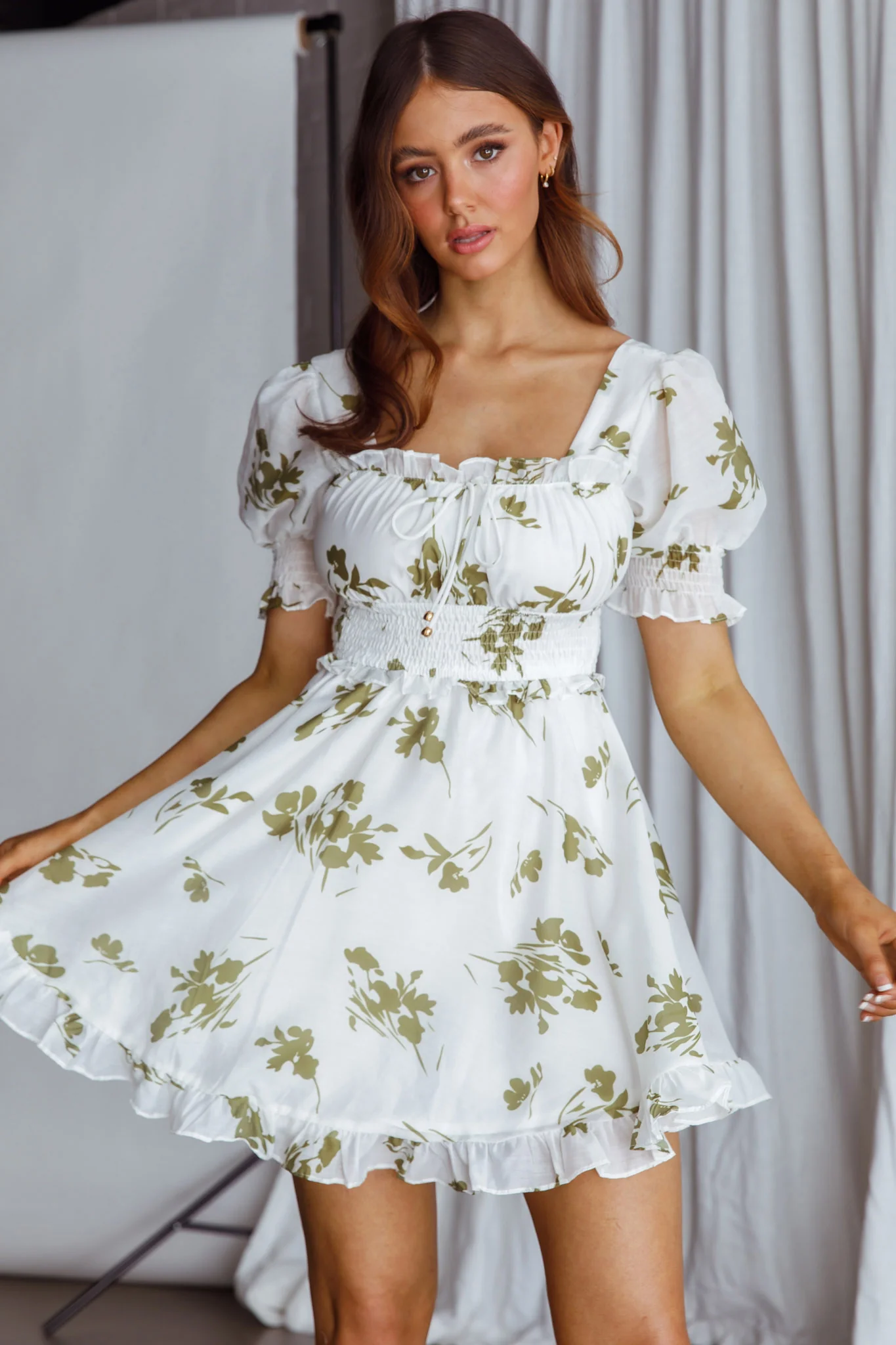Summer In Paris Puff Sleeve Open Back Dress Floral Olive - Sonourner