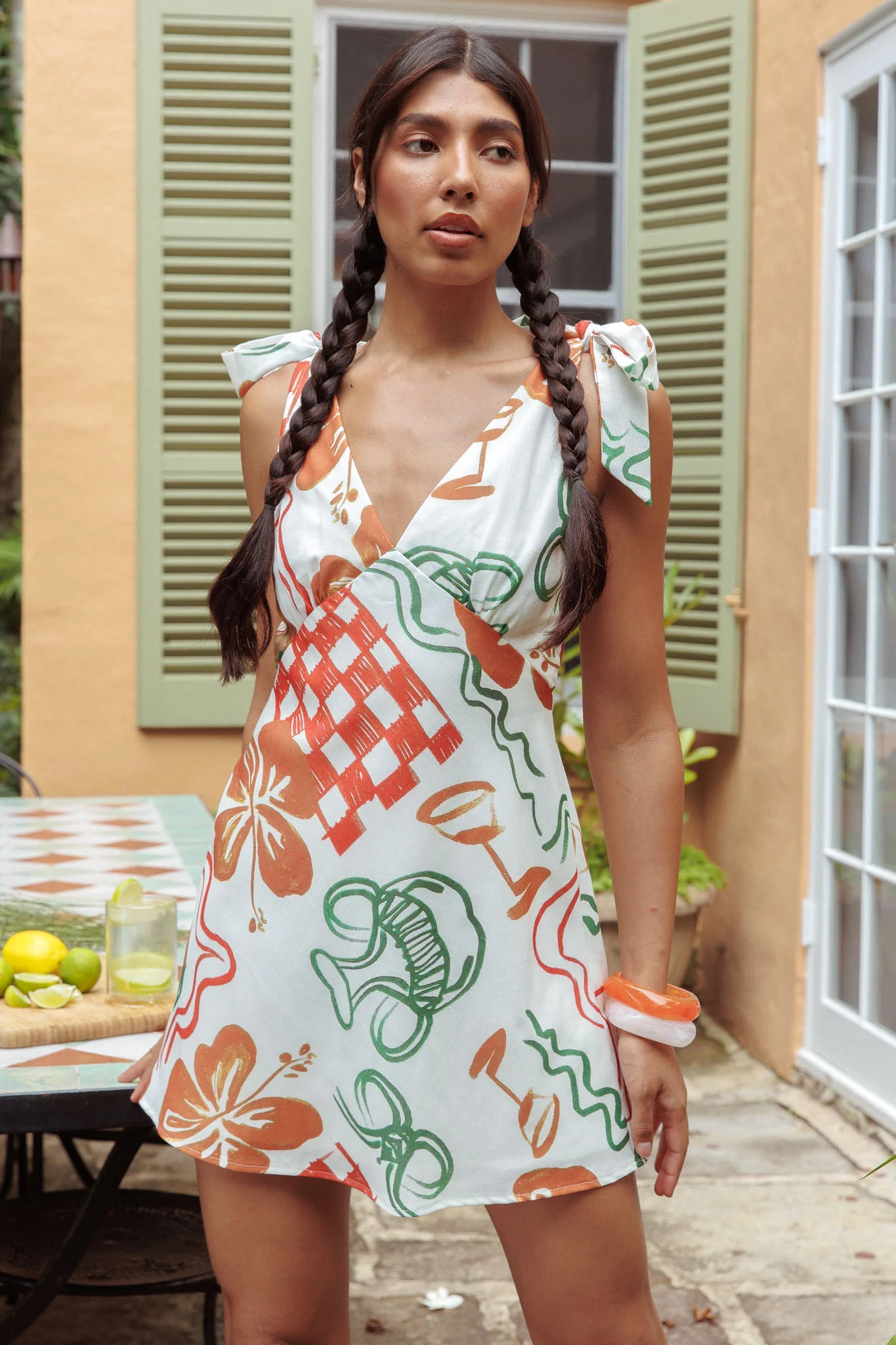 Mykonos Morning Tied Shoulder Mini Dress Print White - Sonourner