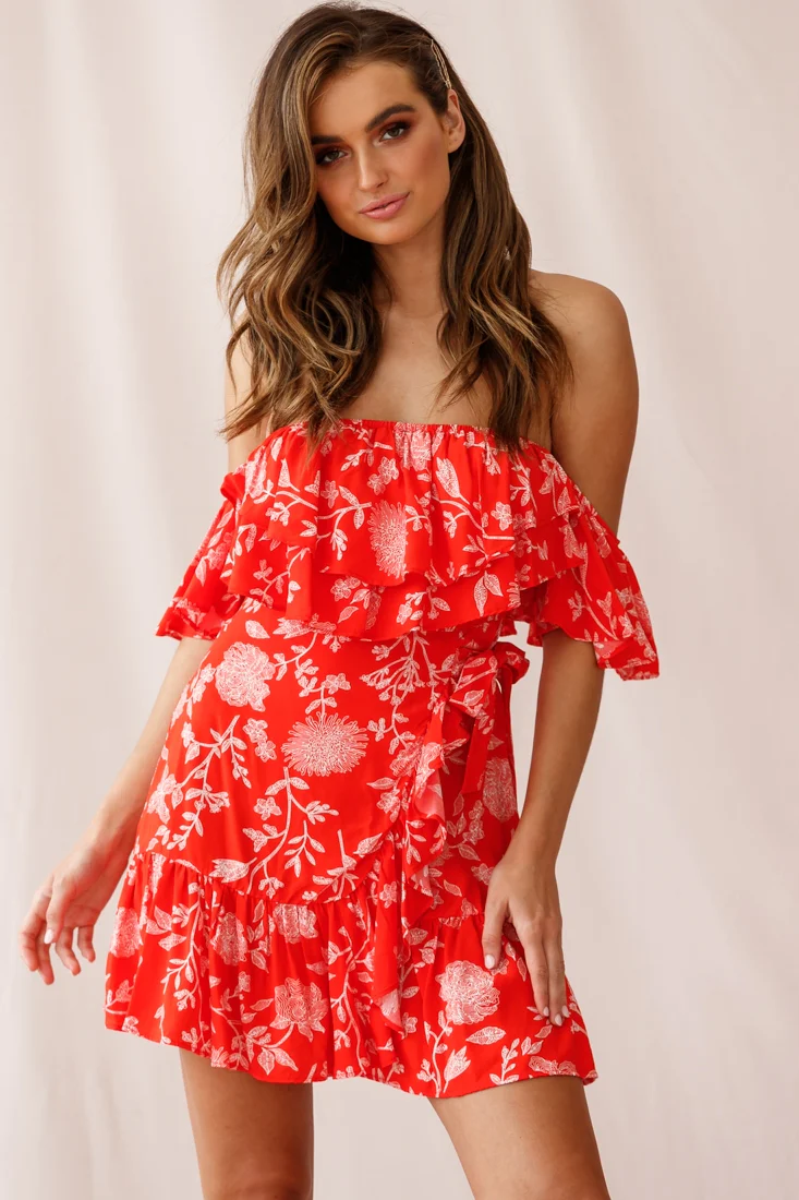 Audrina Off-Shoulder Wrap Dress Floral Print Red - Sonourner
