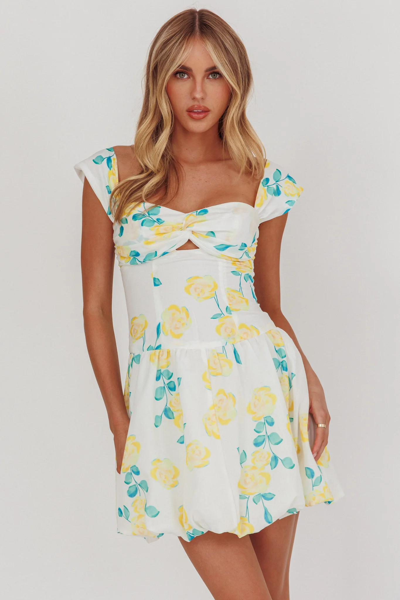 Cadi Twist Bust Balloon Mini Dress Floral Yellow - Sonourner